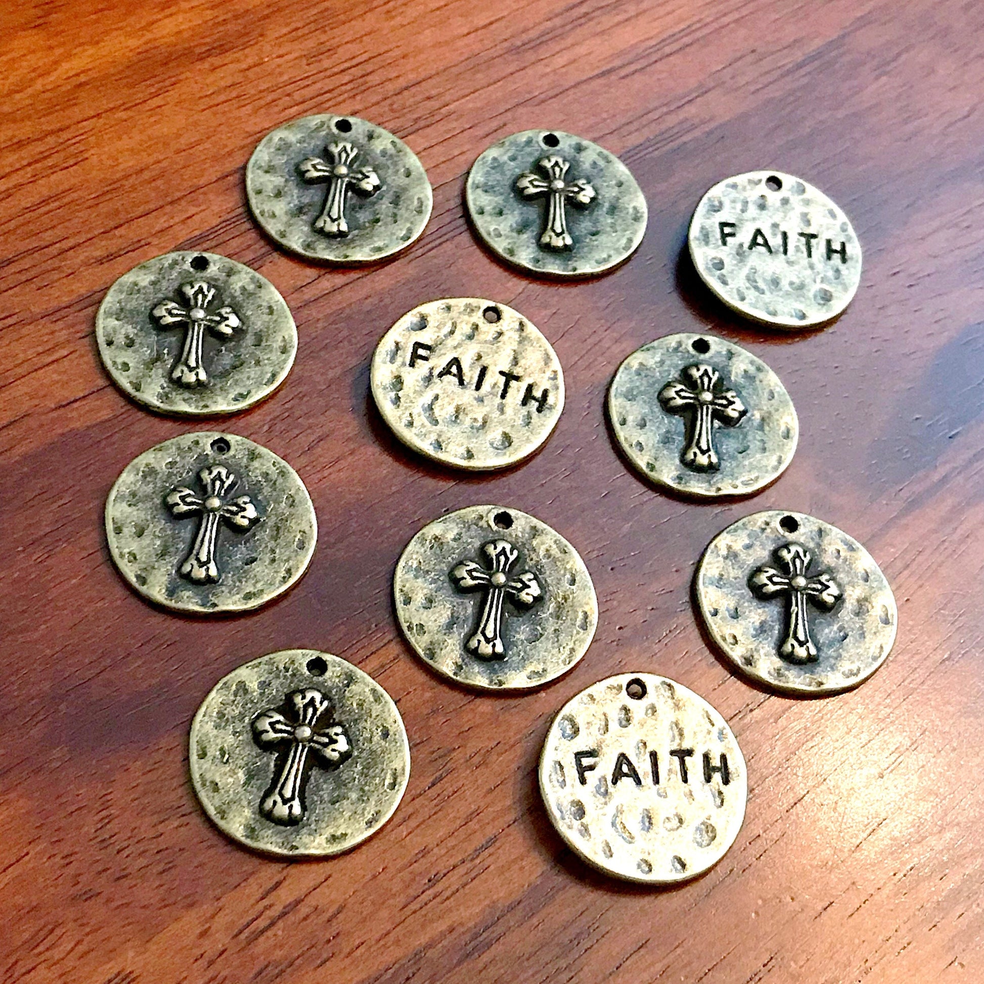 5pcs, Large Faith Charms, Round Faith Charms, Antique Bronze Cross Charms, Round Cross Charms, Hammered Cross Pendants, Disc Cross, Findings