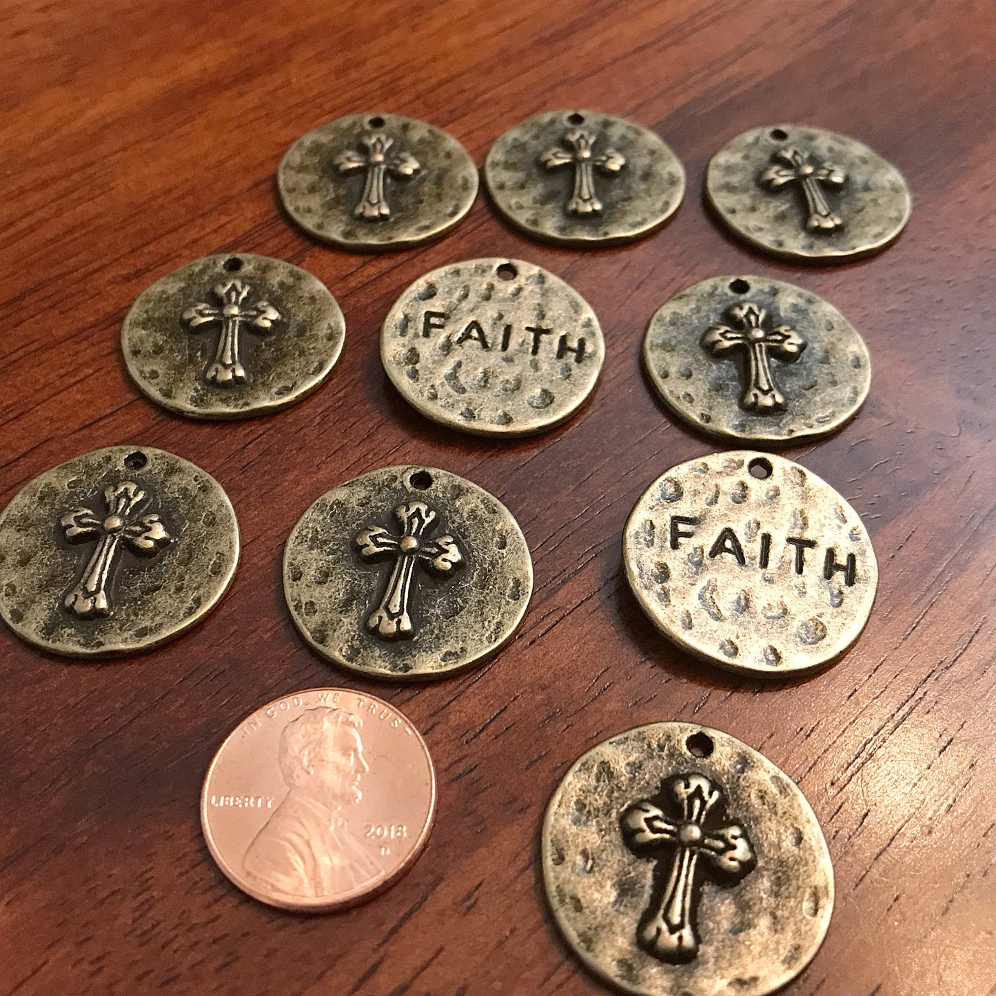 5pcs, Large Faith Charms, Round Faith Charms, Antique Bronze Cross Charms, Round Cross Charms, Hammered Cross Pendants, Disc Cross, Findings