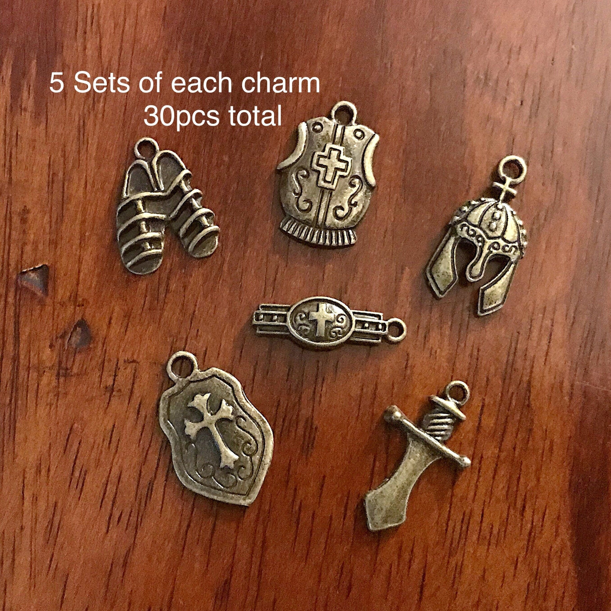 5 sets, Armor of God Charms Sets, Full Armor Of God Sets, 5 each of the Bronze Belt, Shield, Breastplate, Helmet, Sword, Shoes
