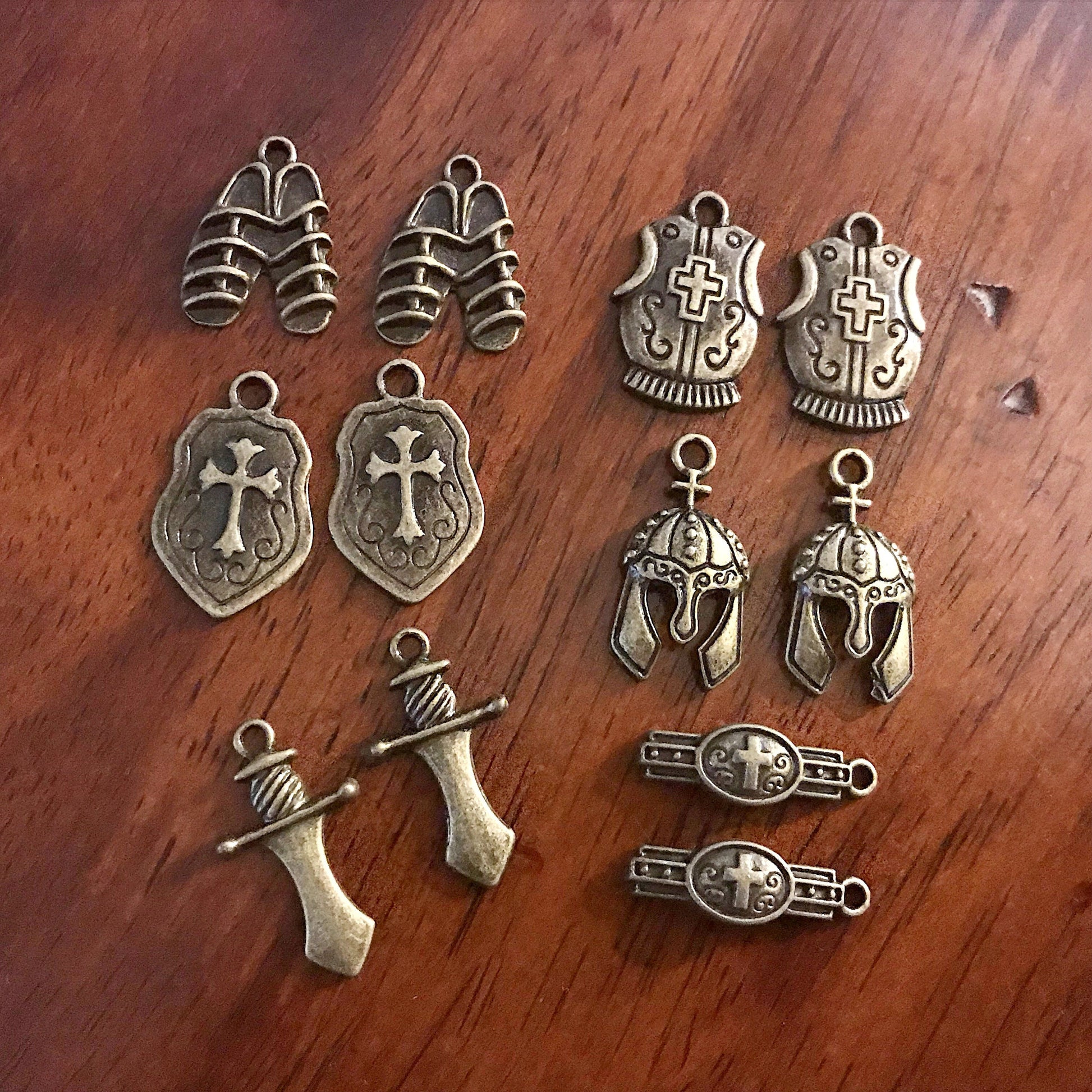 10 sets, Armor of God Charm Sets, Full Armor Of God Charm, 10 each of the Bronze Belt, Shield, Breastplate, Helmet, Sword, Shoes