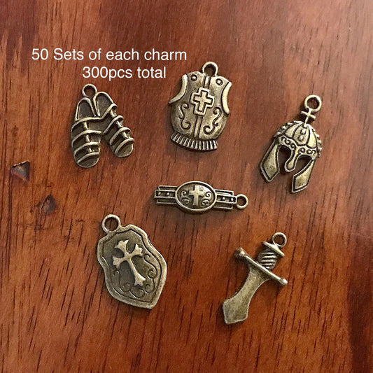 50 sets, Armor of God Charm Sets, Full Armor Of God Charms, 50 each of the Belt, Shield, Breastplate, Helmet, Sword, Shoes