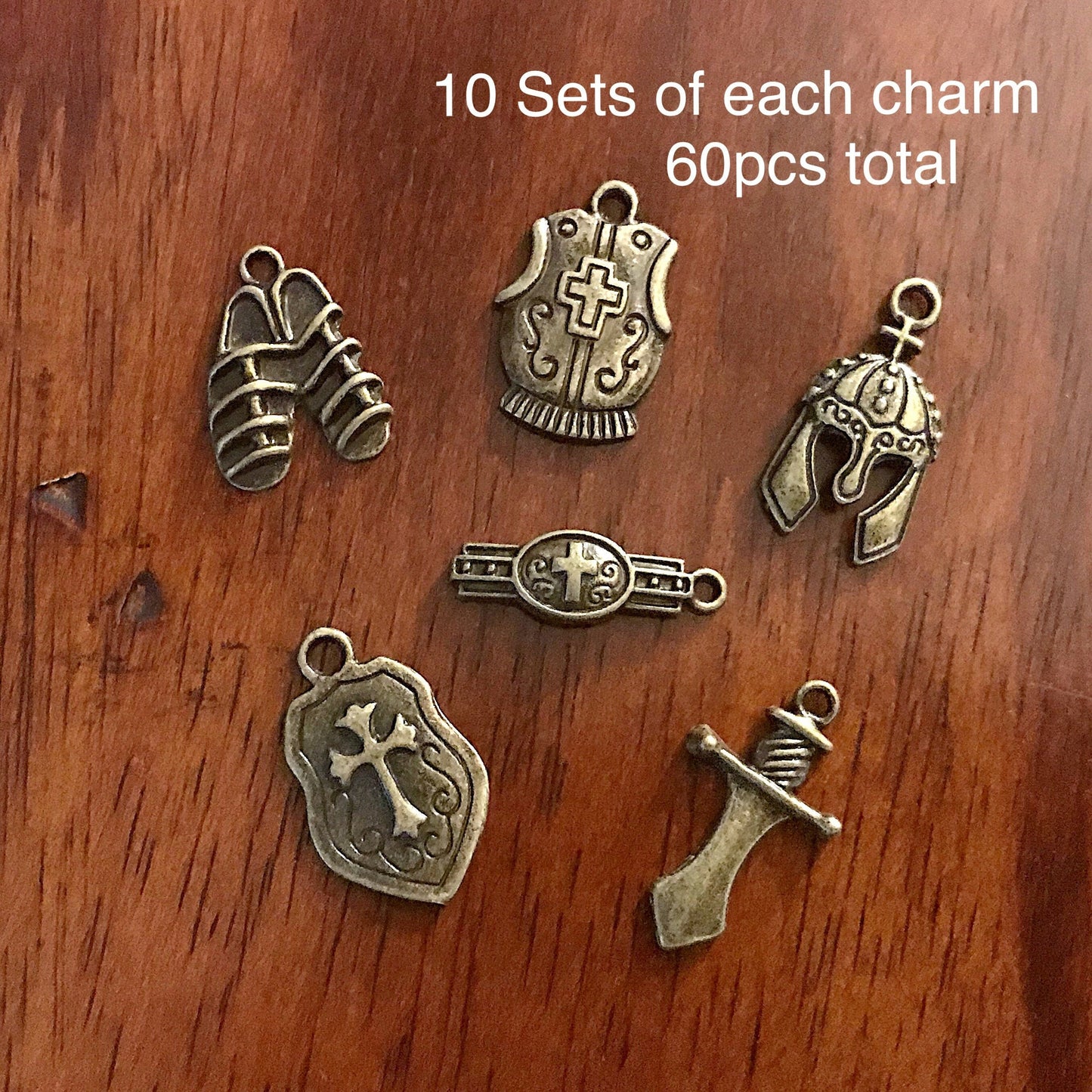 10 sets, Armor of God Charm Sets, Full Armor Of God Charm, 10 each of the Bronze Belt, Shield, Breastplate, Helmet, Sword, Shoes