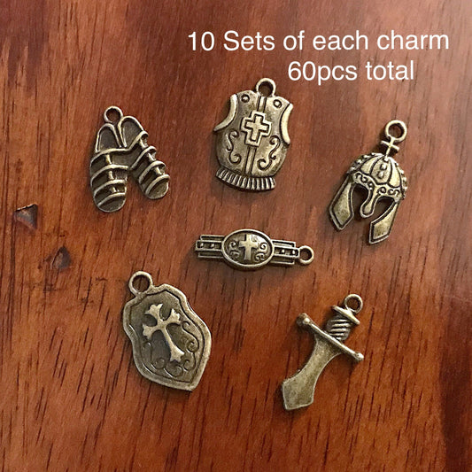 10 sets, Armor of God Charm Sets, Full Armor Of God Charm, 10 each of the Bronze Belt, Shield, Breastplate, Helmet, Sword, Shoes