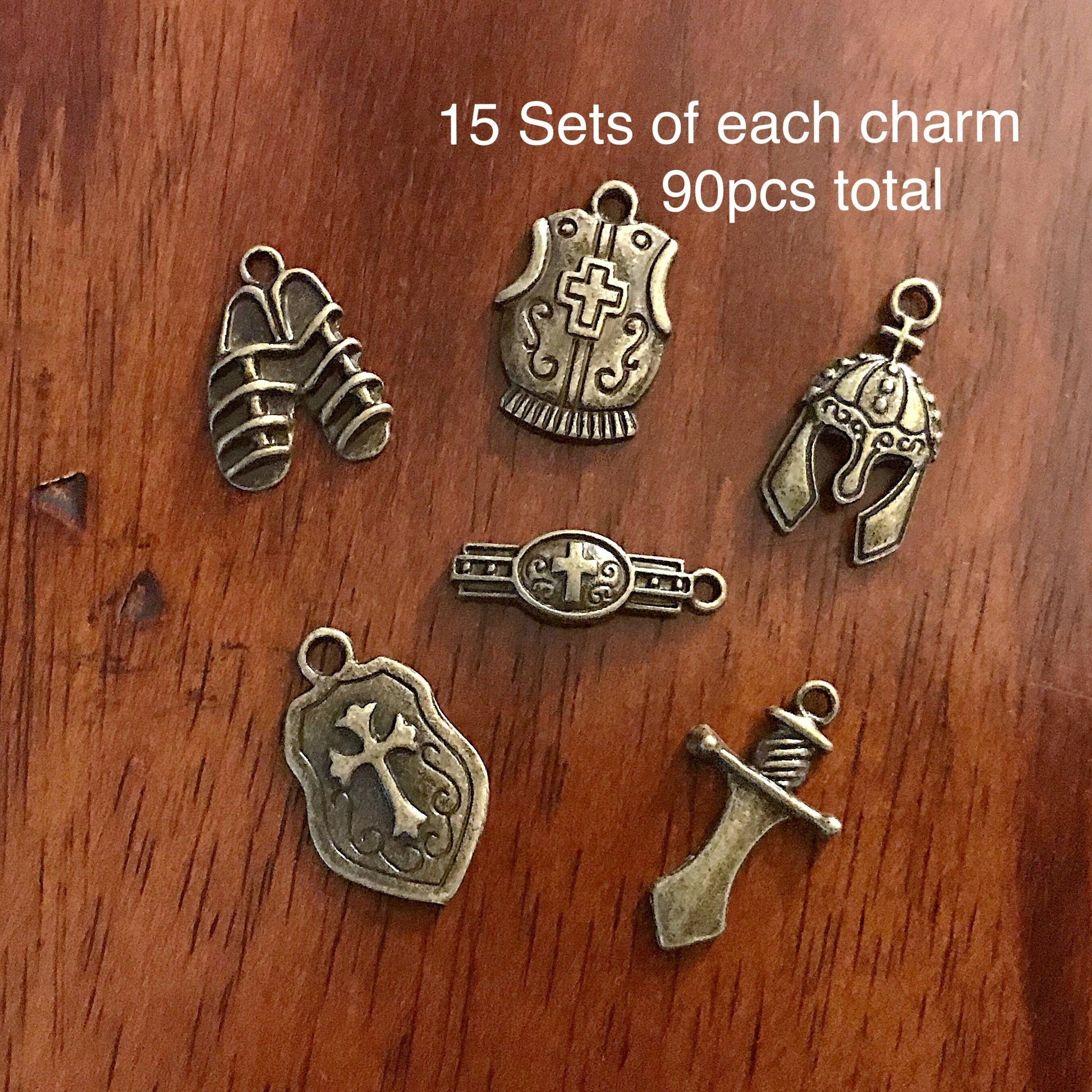 15 sets, Armor of God Charm Sets, Full Armor Of God Charms, 15 each of the Belt, Shield, Breastplate, Helmet, Sword, Shoes