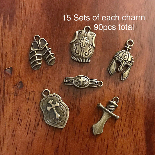 15 sets, Armor of God Charm Sets, Full Armor Of God Charms, 15 each of the Belt, Shield, Breastplate, Helmet, Sword, Shoes