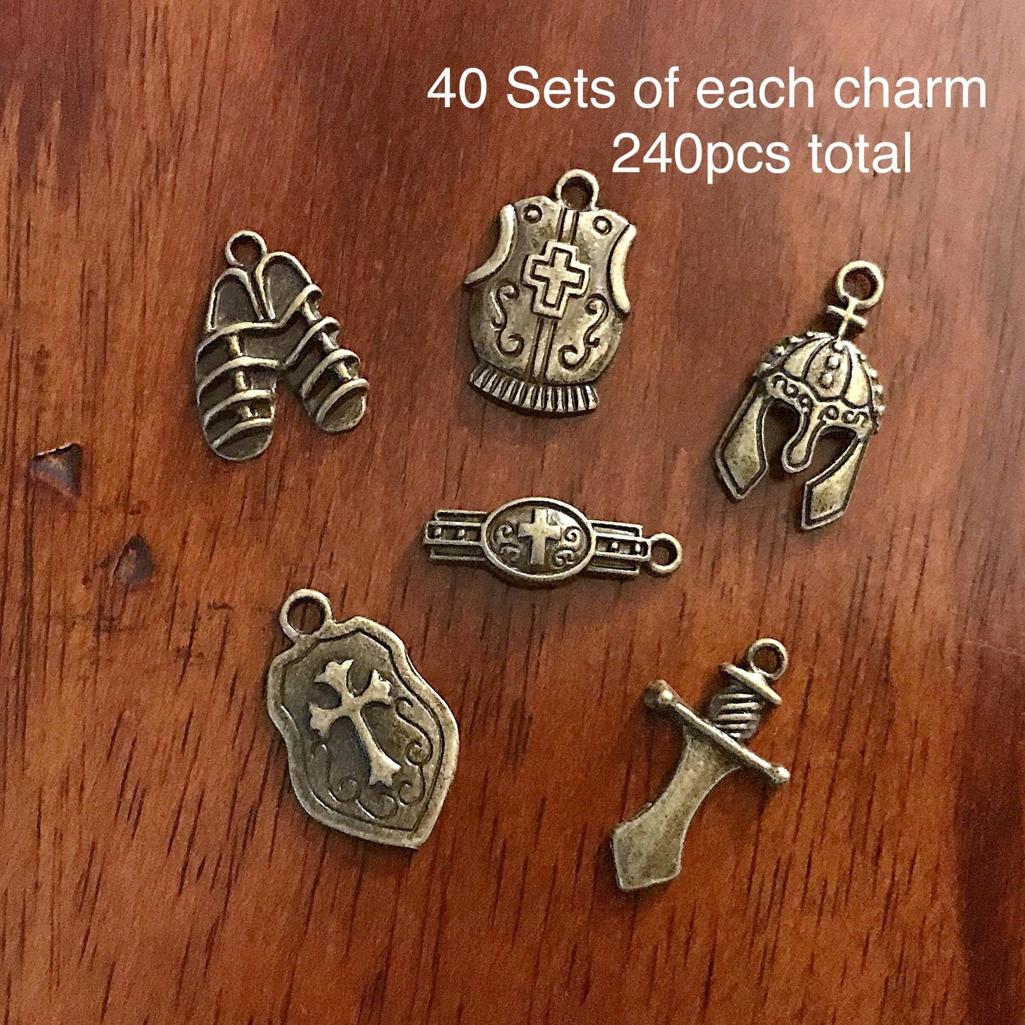 40 sets, Armor of God Charm Sets, Full Armor Of God Charms, 40 each of the Belt, Shield, Breastplate, Helmet, Sword, Shoes