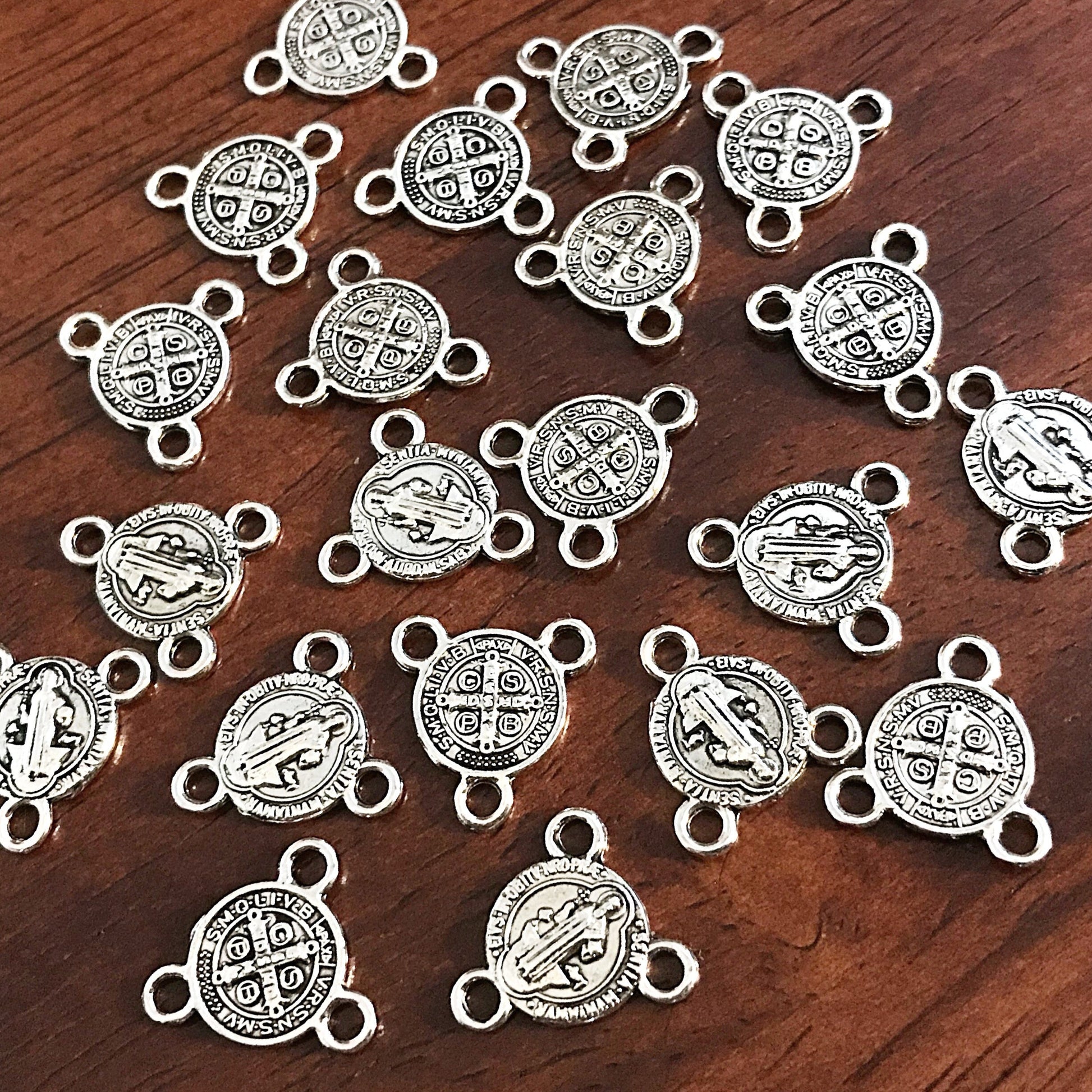 13mm, 25pcs, St Benedict Connector Charms, 3 Loop Connectors, St Benedict Charms, Rosary Centers, Small Saint Benedict Connector Medals
