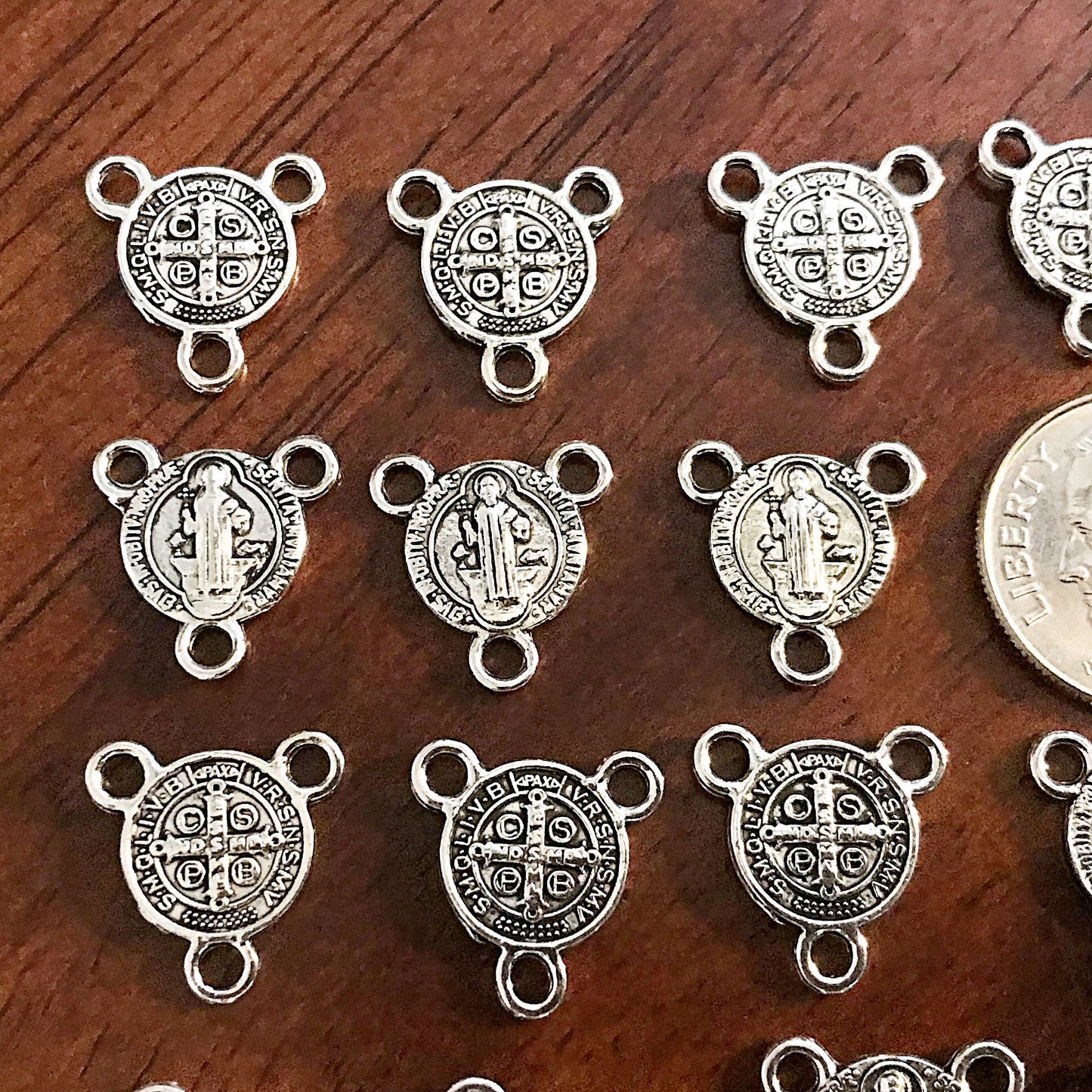 13mm, 40pcs, St Benedict Connector Charms, 3 Loop Connectors, St Benedict Charms, Rosary Centers, Small Saint Benedict Connector Medals
