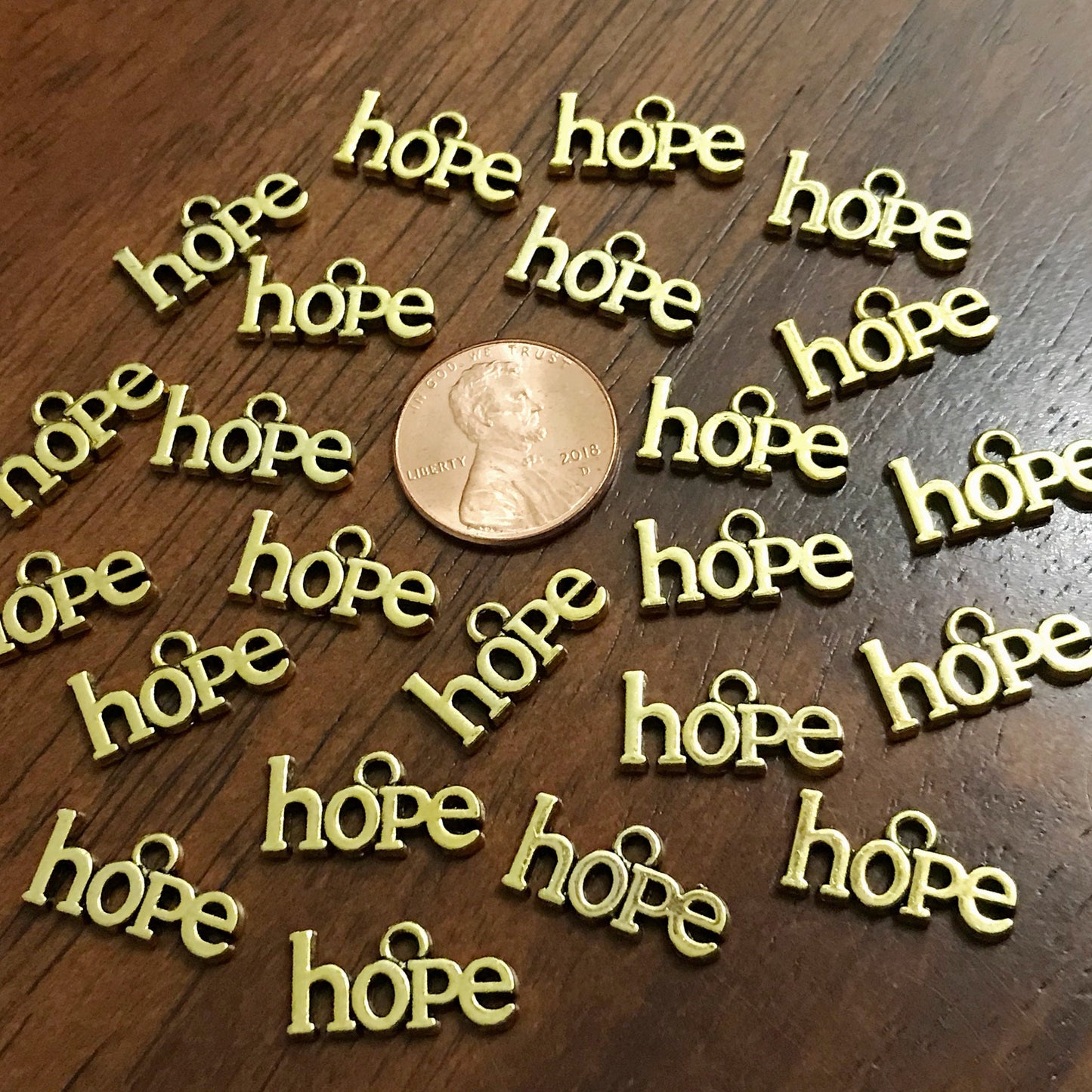 25pcs, Hope Charms, Antique Gold Charms, Gold Hope Charms, Cancer Awareness Charms, Hope Ribbon Charms, Word Hope Charms, Findings