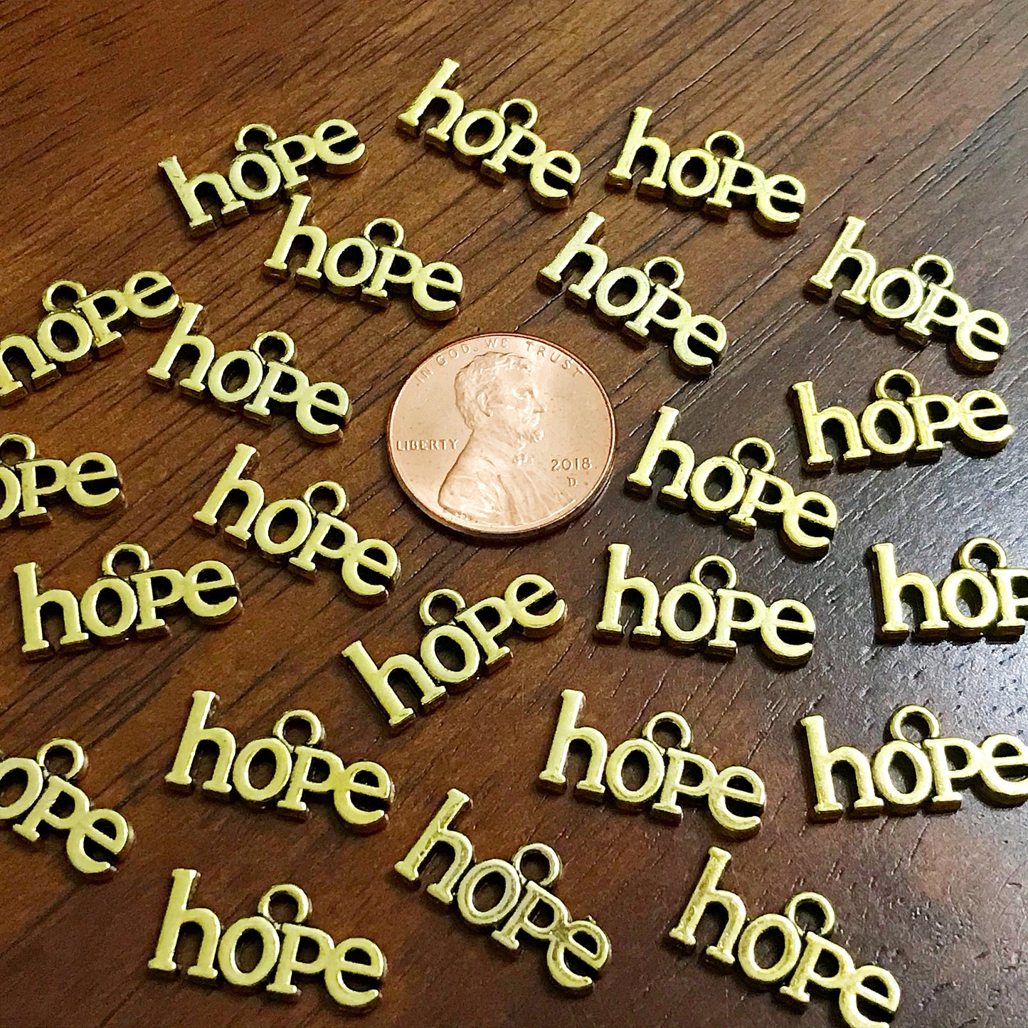25pcs, Hope Charms, Antique Gold Charms, Gold Hope Charms, Cancer Awareness Charms, Hope Ribbon Charms, Word Hope Charms, Findings