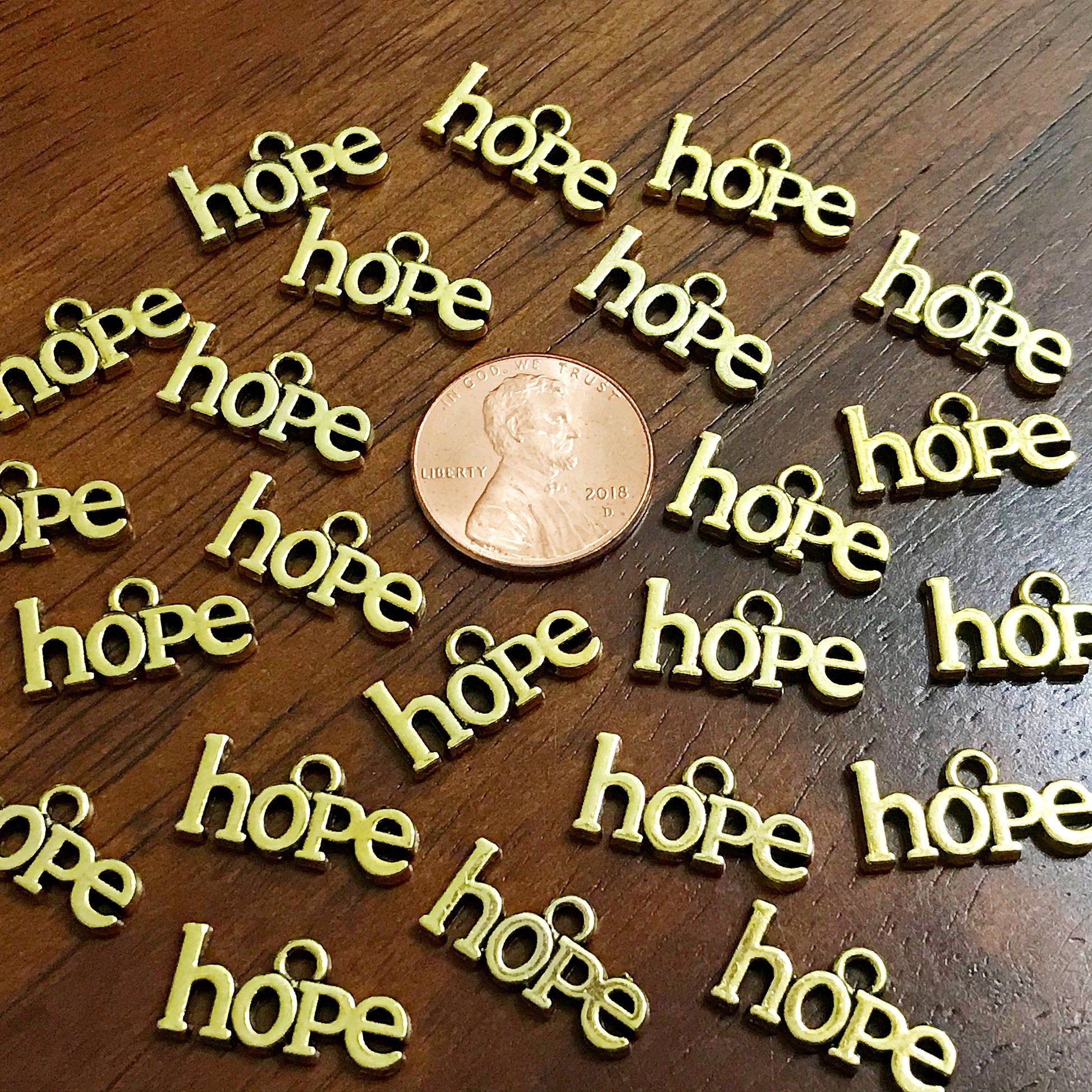 25pcs, Hope Charms, Antique Gold Charms, Gold Hope Charms, Cancer Awareness Charms, Hope Ribbon Charms, Word Hope Charms, Findings