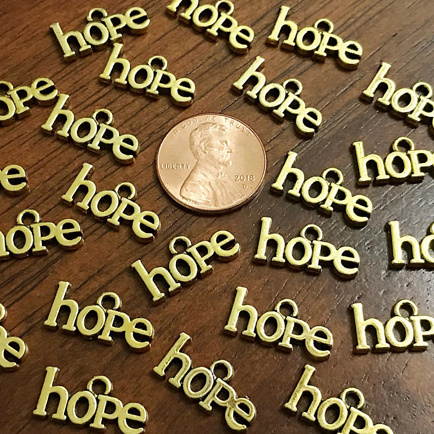 25pcs, Hope Charms, Antique Gold Charms, Gold Hope Charms, Cancer Awareness Charms, Hope Ribbon Charms, Word Hope Charms, Findings