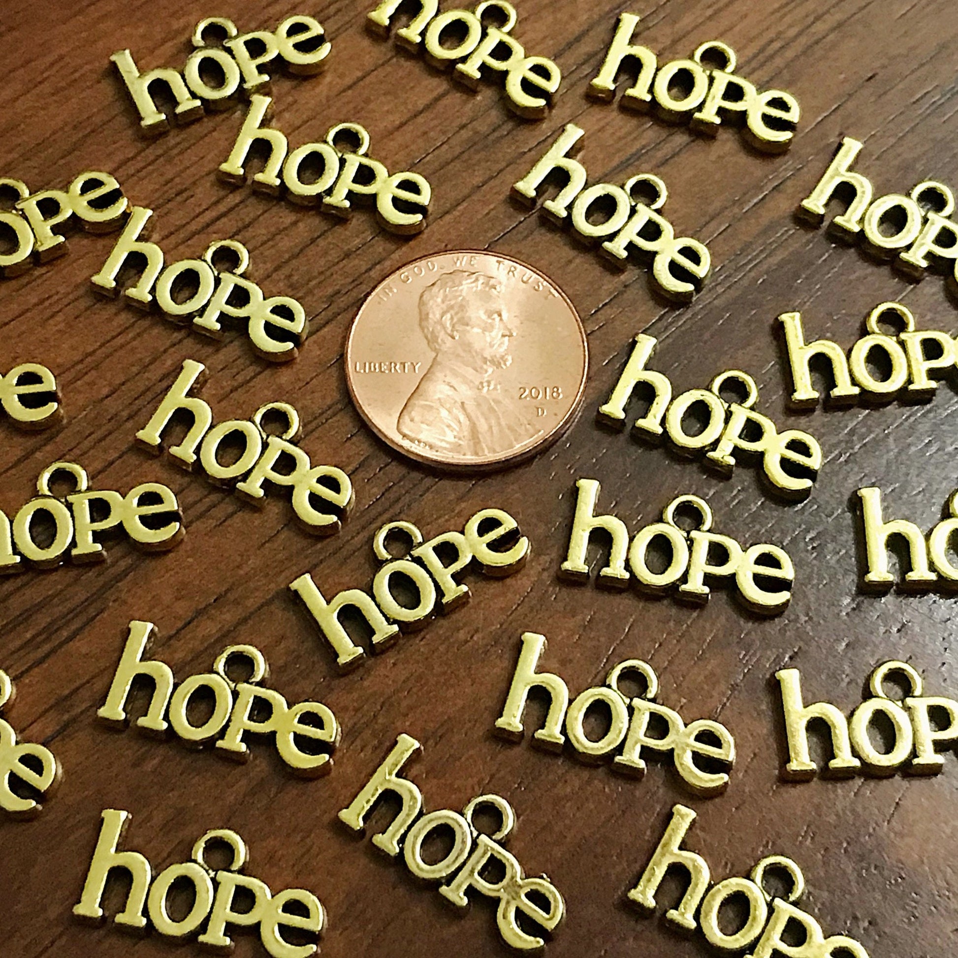 25pcs, Hope Charms, Antique Gold Charms, Gold Hope Charms, Cancer Awareness Charms, Hope Ribbon Charms, Word Hope Charms, Findings