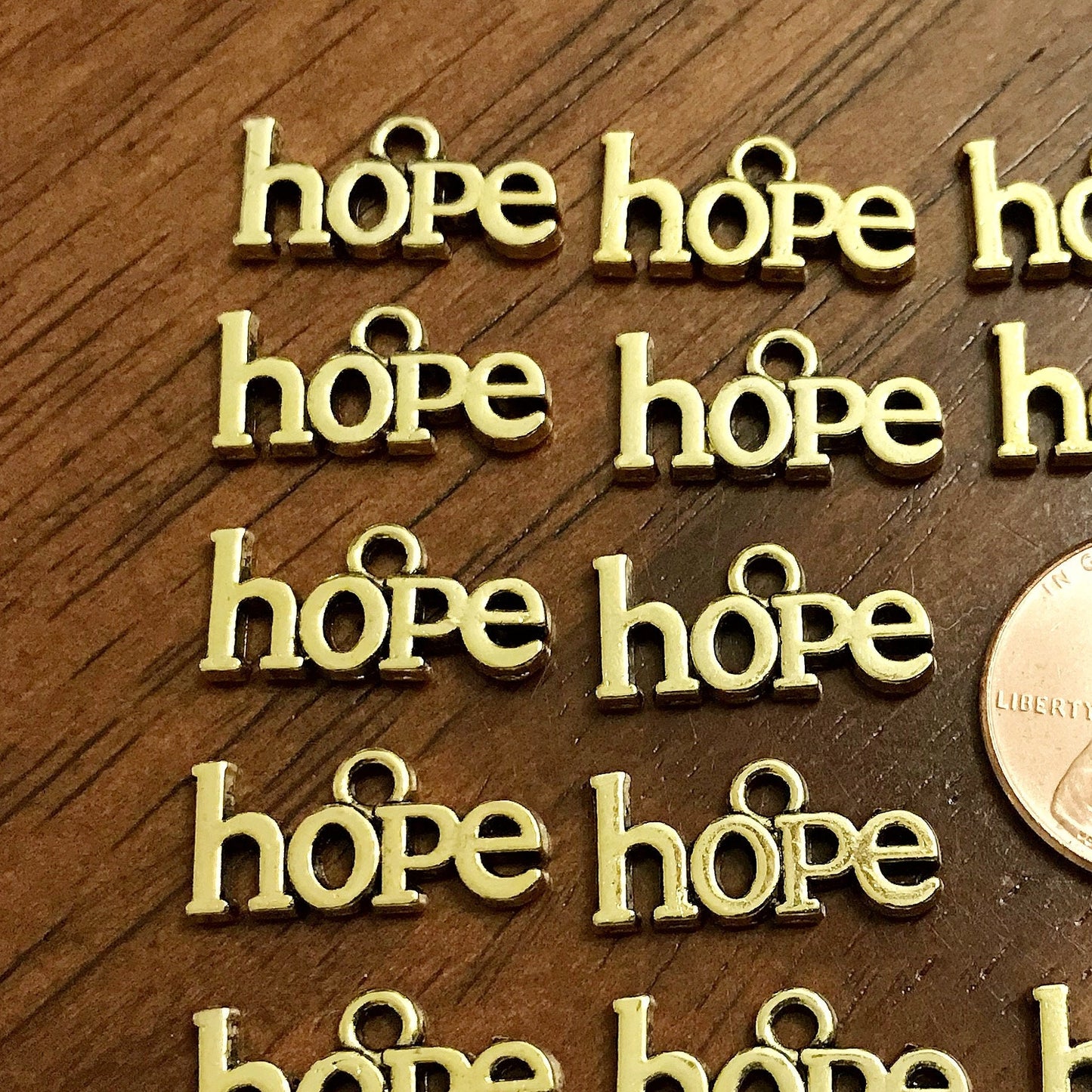 25pcs, Hope Charms, Antique Gold Charms, Gold Hope Charms, Cancer Awareness Charms, Hope Ribbon Charms, Word Hope Charms, Findings