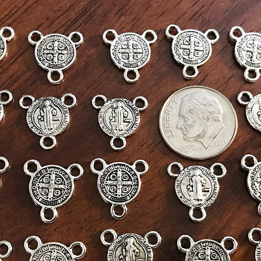 13mm, 25pcs, St Benedict Connector Charms, 3 Loop Connectors, St Benedict Charms, Rosary Centers, Small Saint Benedict Connector Medals