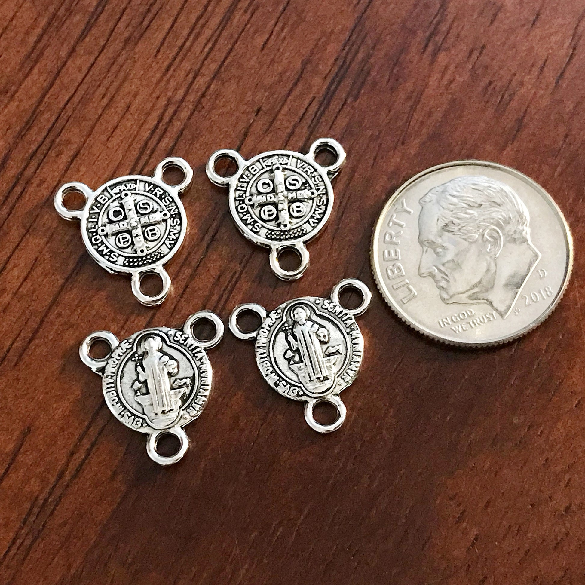 13mm, 25pcs, St Benedict Connector Charms, 3 Loop Connectors, St Benedict Charms, Rosary Centers, Small Saint Benedict Connector Medals