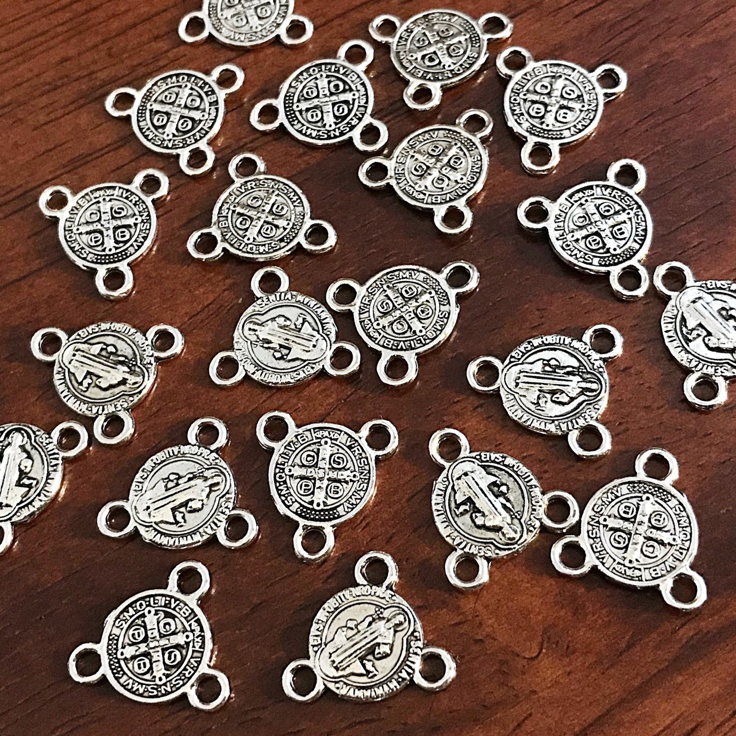13mm, 25pcs, St Benedict Connector Charms, 3 Loop Connectors, St Benedict Charms, Rosary Centers, Small Saint Benedict Connector Medals