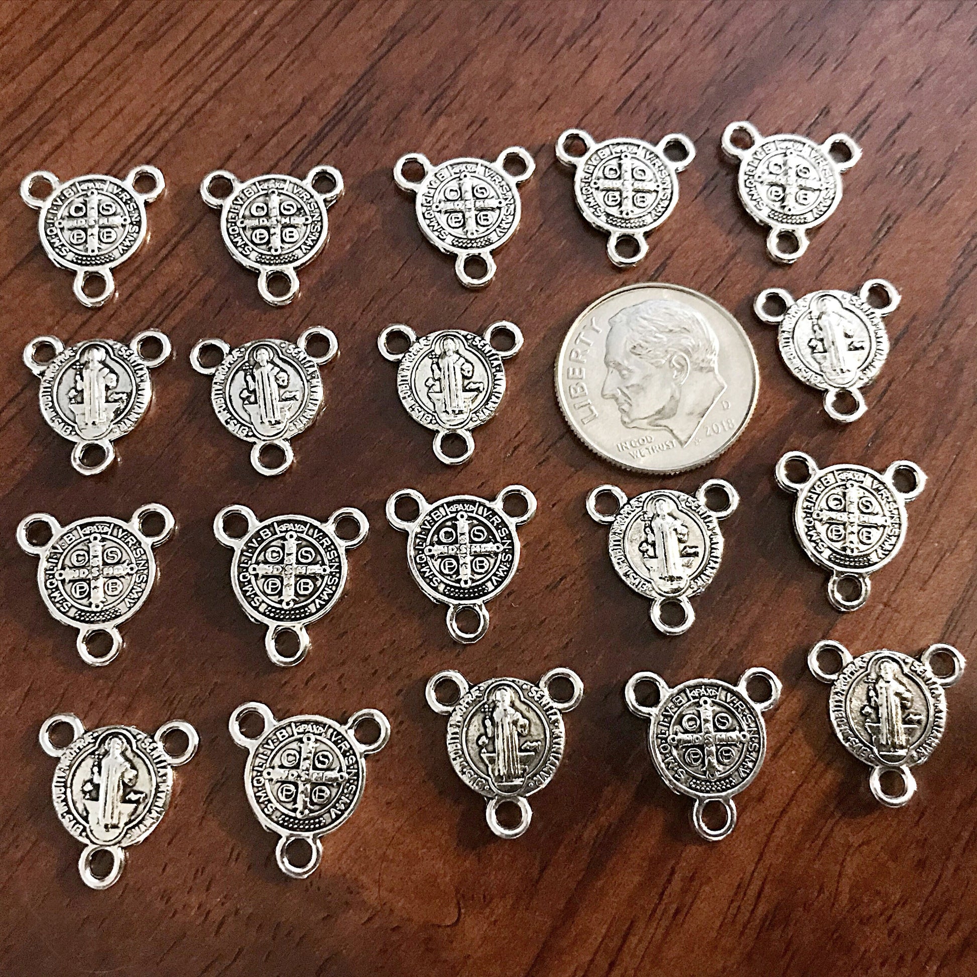 13mm, 40pcs, St Benedict Connector Charms, 3 Loop Connectors, St Benedict Charms, Rosary Centers, Small Saint Benedict Connector Medals