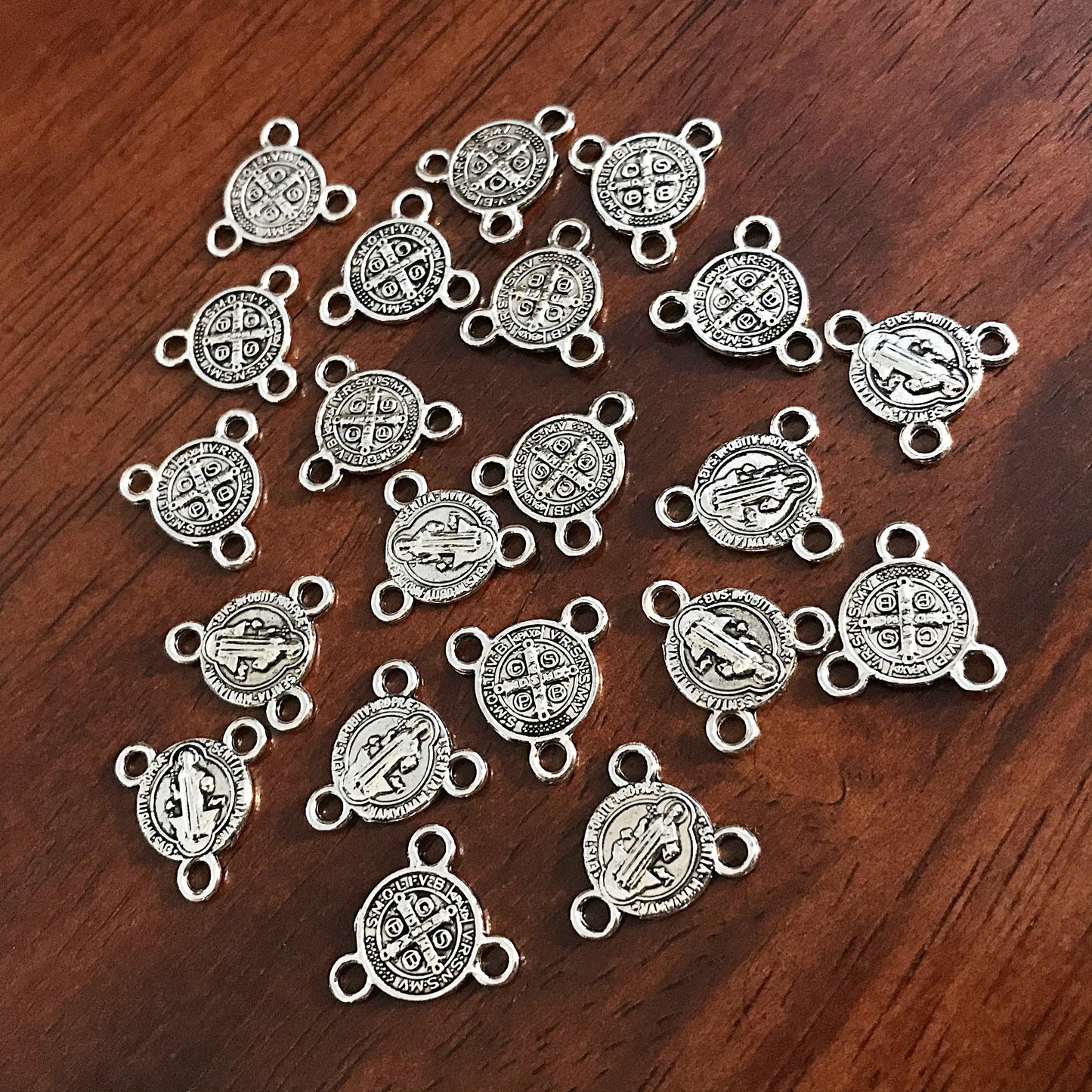 13mm, 40pcs, St Benedict Connector Charms, 3 Loop Connectors, St Benedict Charms, Rosary Centers, Small Saint Benedict Connector Medals