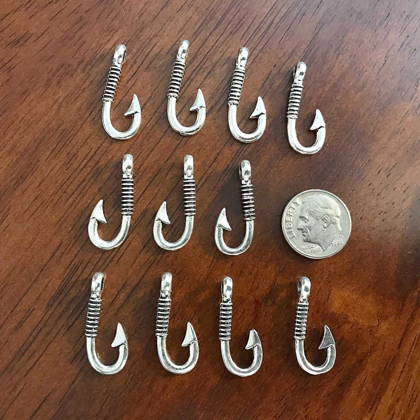 12pcs, Fish Hook Charms, Fishhook Charms, Antique Silver Charms, Fishing Charms, Fishing Hook Pendants, Findings, DIY Jewelry Supplies