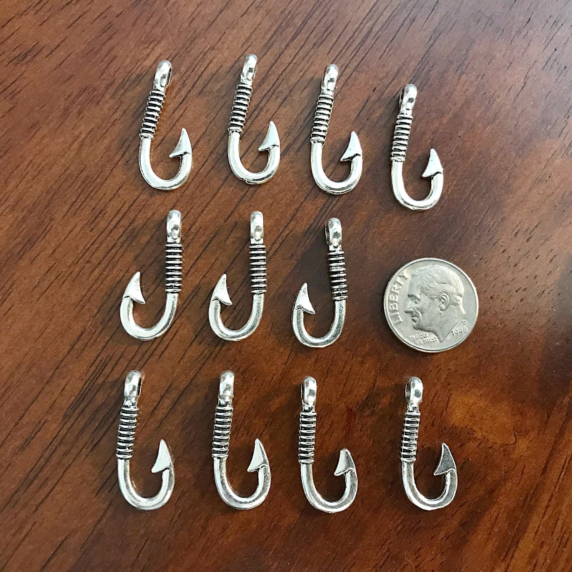 12pcs, Fish Hook Charms, Fishhook Charms, Antique Silver Charms, Fishing Charms, Fishing Hook Pendants, Findings, DIY Jewelry Supplies