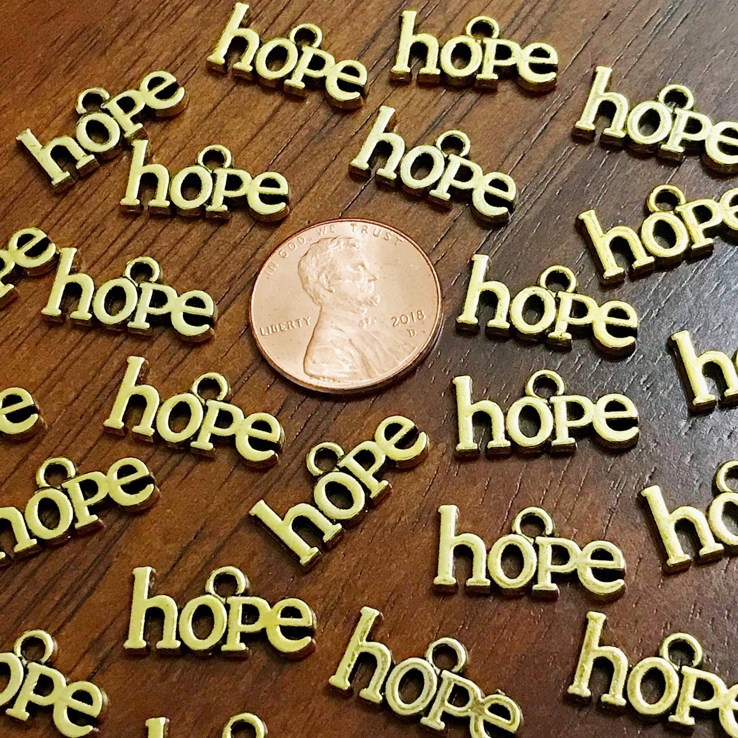 25pcs, Hope Charms, Antique Gold Charms, Gold Hope Charms, Cancer Awareness Charms, Hope Ribbon Charms, Word Hope Charms, Findings
