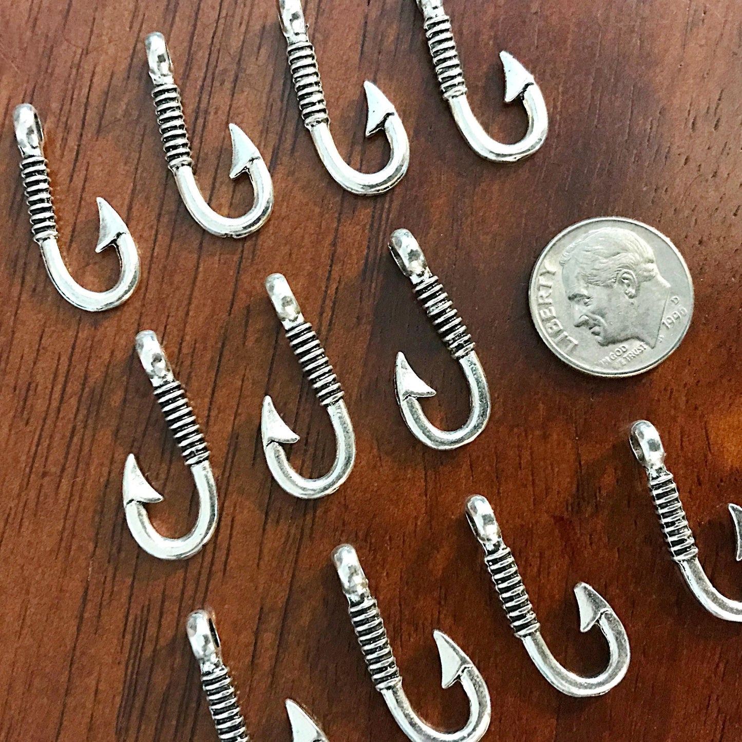 12pcs, Fish Hook Charms, Fishhook Charms, Antique Silver Charms, Fishing Charms, Fishing Hook Pendants, Findings, DIY Jewelry Supplies