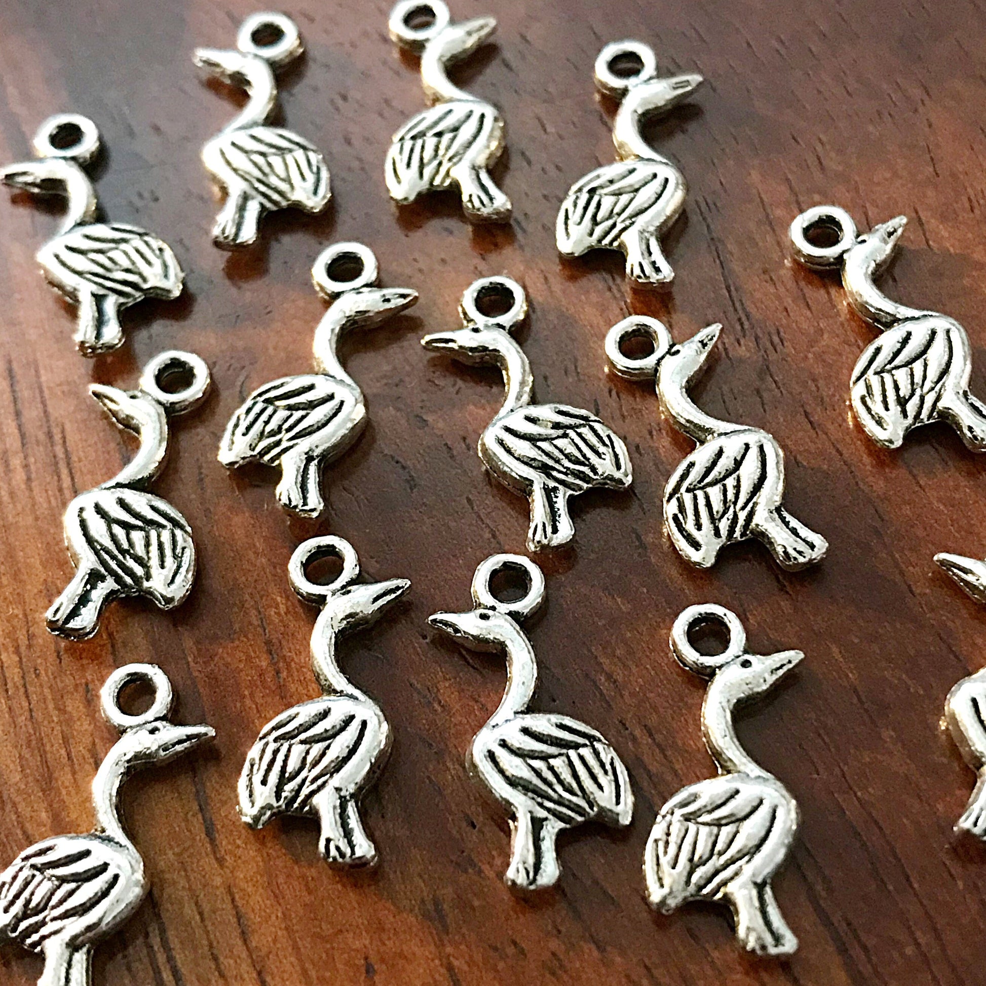 Flamingo Charms, 15pcs, Small Flamingo Charms, Antique Silver Charms, Silver Flamingo, Bird Charms, Double Sided Swan Charms, Findings