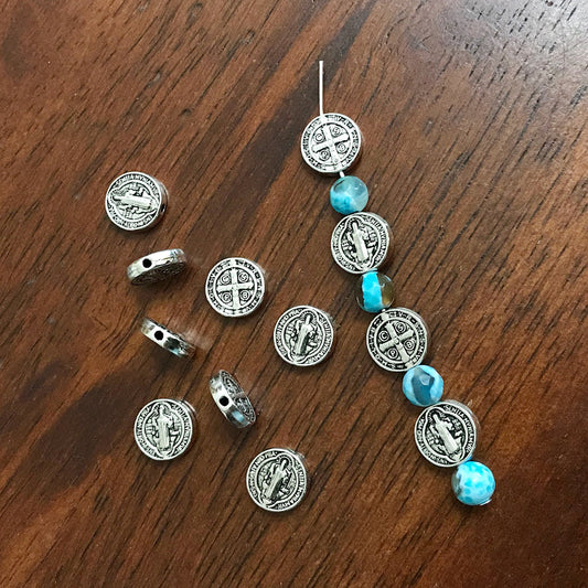 25 Saint Benedict Spacer Beads, Round Flat Saint Benedict Spacer Charms, Devil Chasing Medal, Protection Against Evil Amulet, Findings
