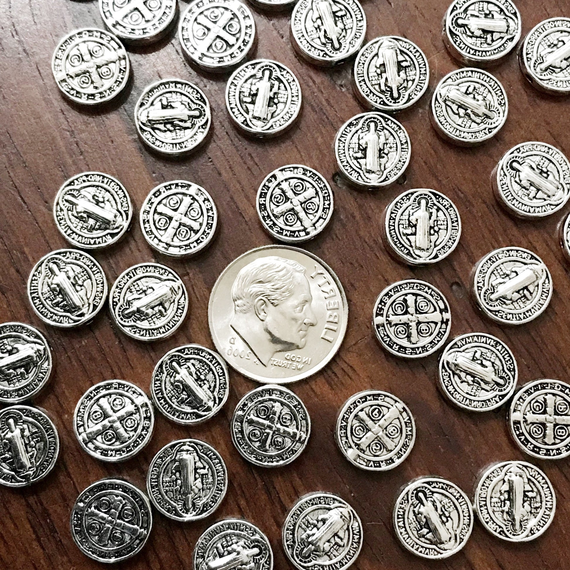 40 Saint Benedict Spacer Beads, Round Flat Saint Benedict Spacer Charms, Devil Chasing Medal, Protection Against Evil Amulet, Findings