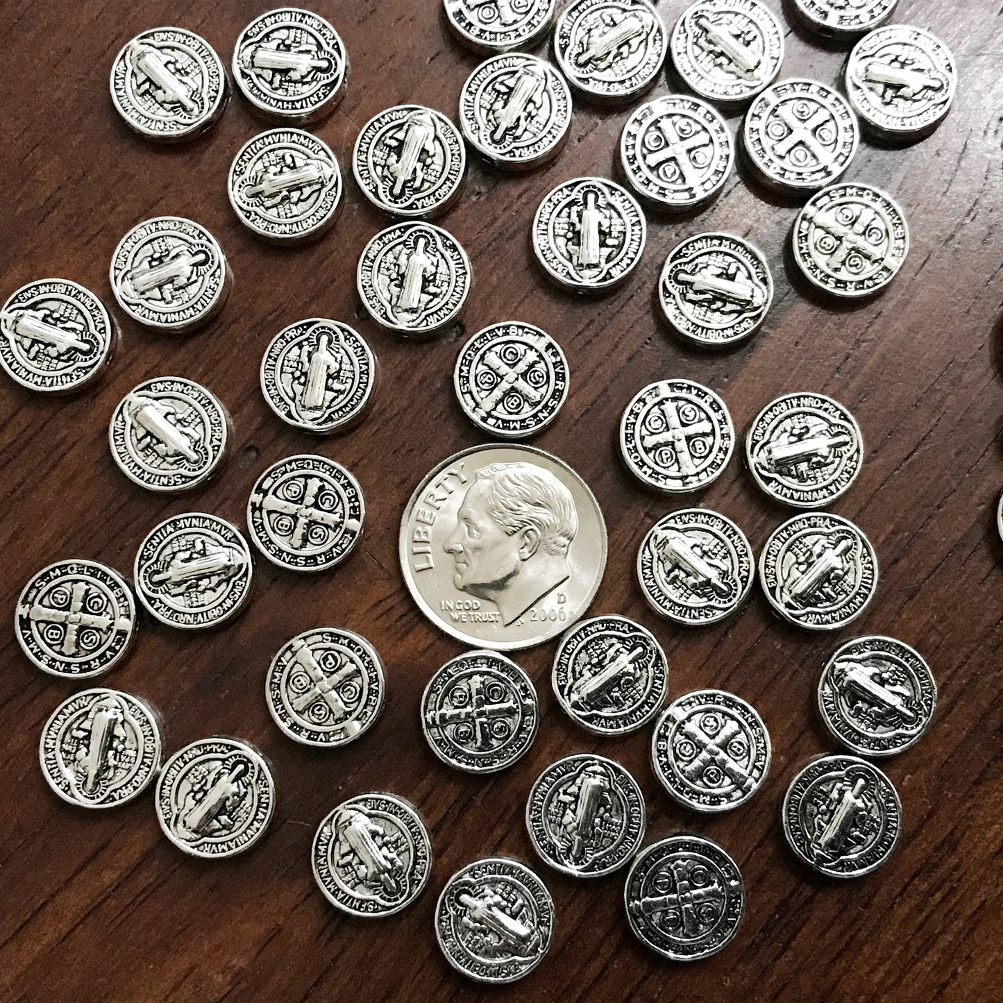 25 Saint Benedict Spacer Beads, Round Flat Saint Benedict Spacer Charms, Devil Chasing Medal, Protection Against Evil Amulet, Findings