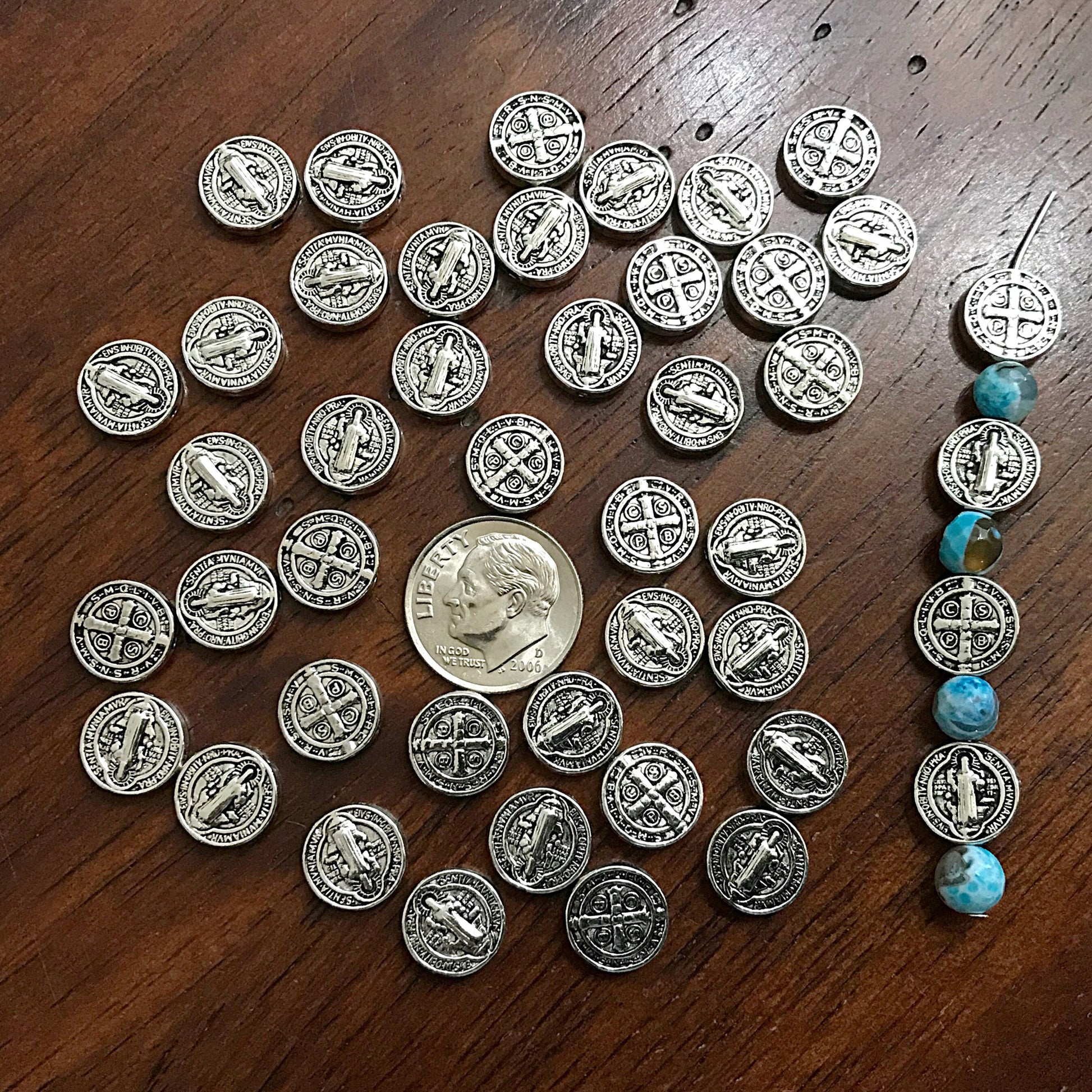 40 Saint Benedict Spacer Beads, Round Flat Saint Benedict Spacer Charms, Devil Chasing Medal, Protection Against Evil Amulet, Findings