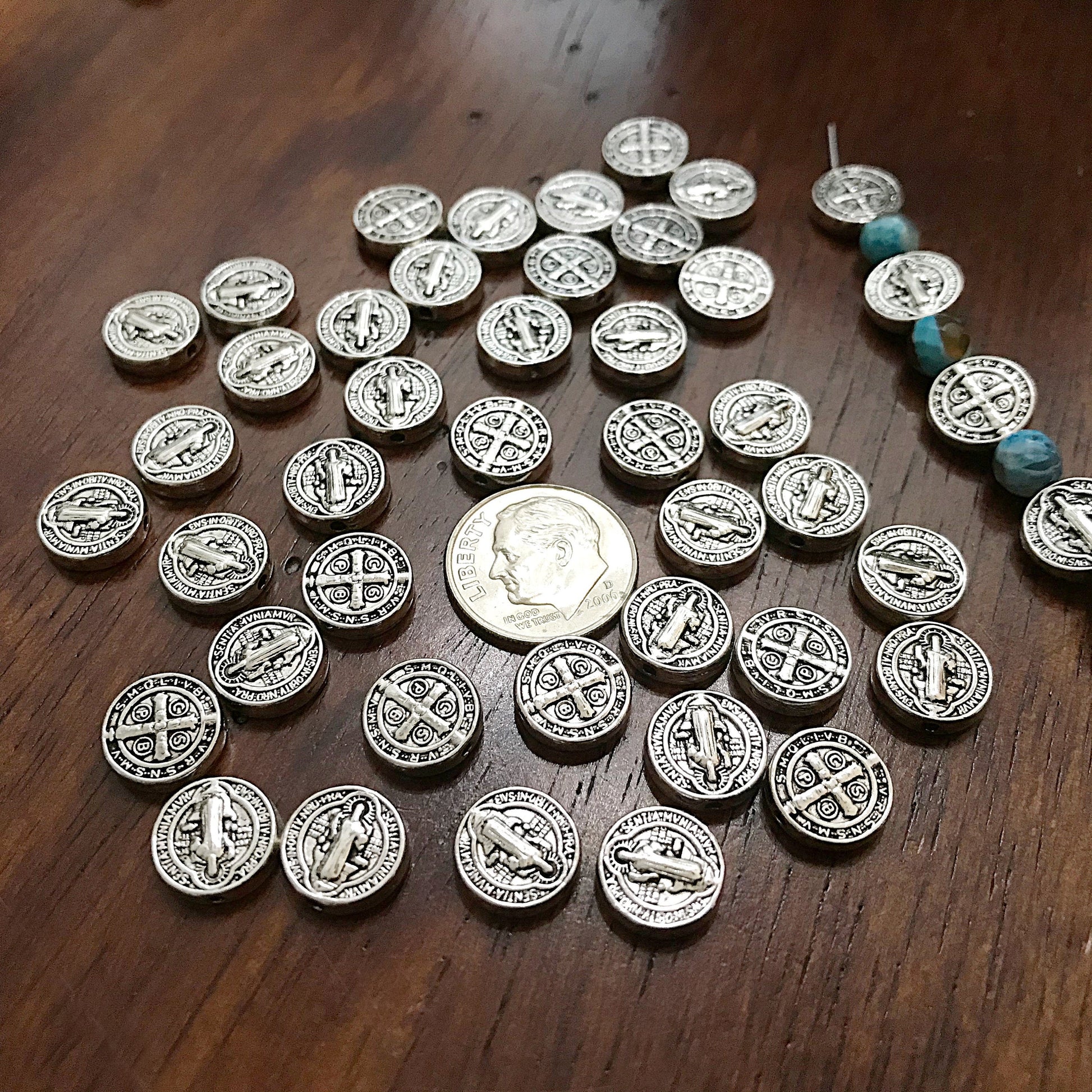 40 Saint Benedict Spacer Beads, Round Flat Saint Benedict Spacer Charms, Devil Chasing Medal, Protection Against Evil Amulet, Findings