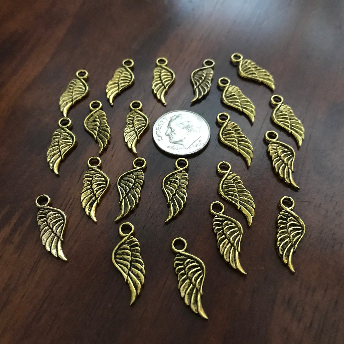 50 Feather Charms, Angel Wing Charms, Antique Gold Wings, Double Sided Feather Charms, Gold Feather Charms, Findings