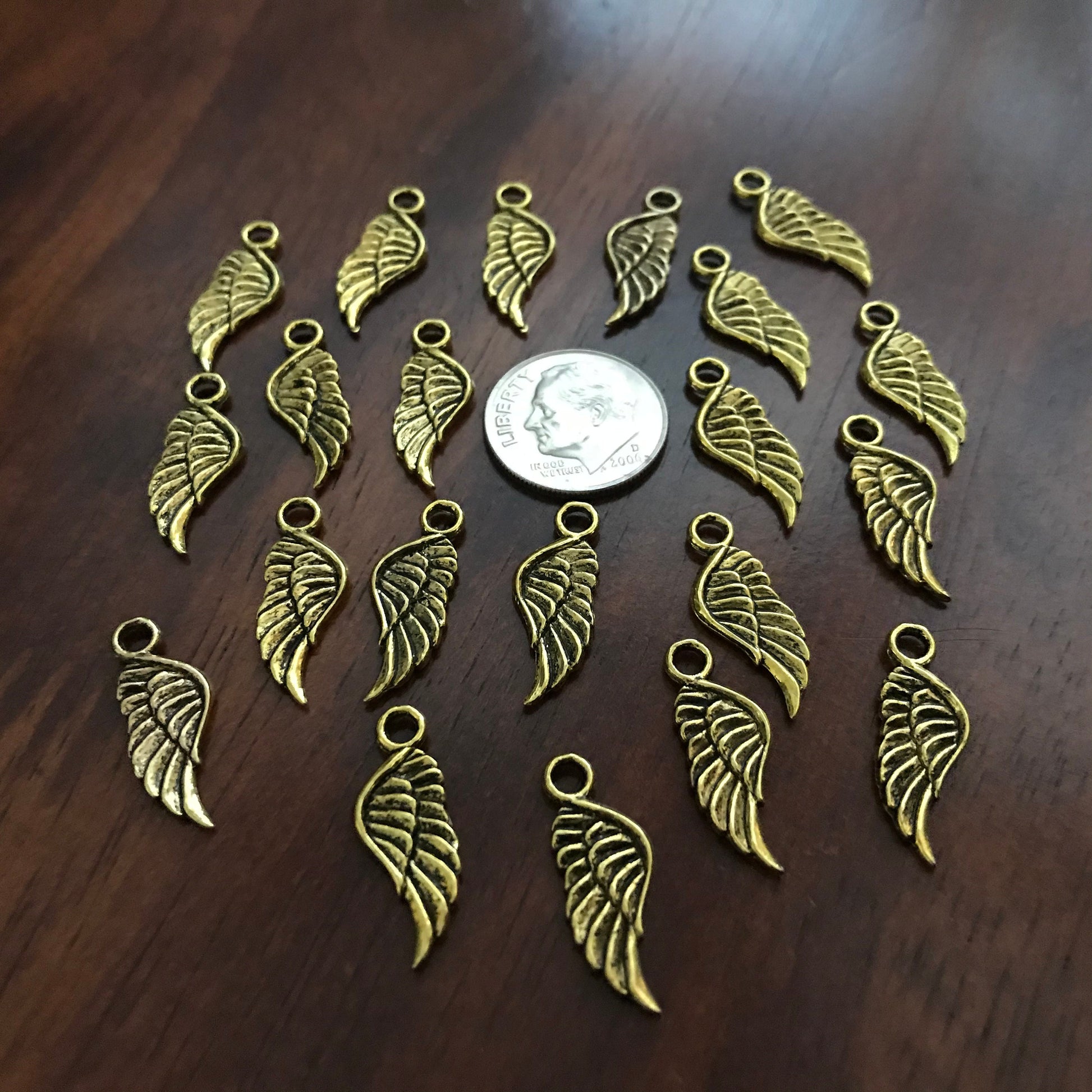 50 Feather Charms, Angel Wing Charms, Antique Gold Wings, Double Sided Feather Charms, Gold Feather Charms, Findings