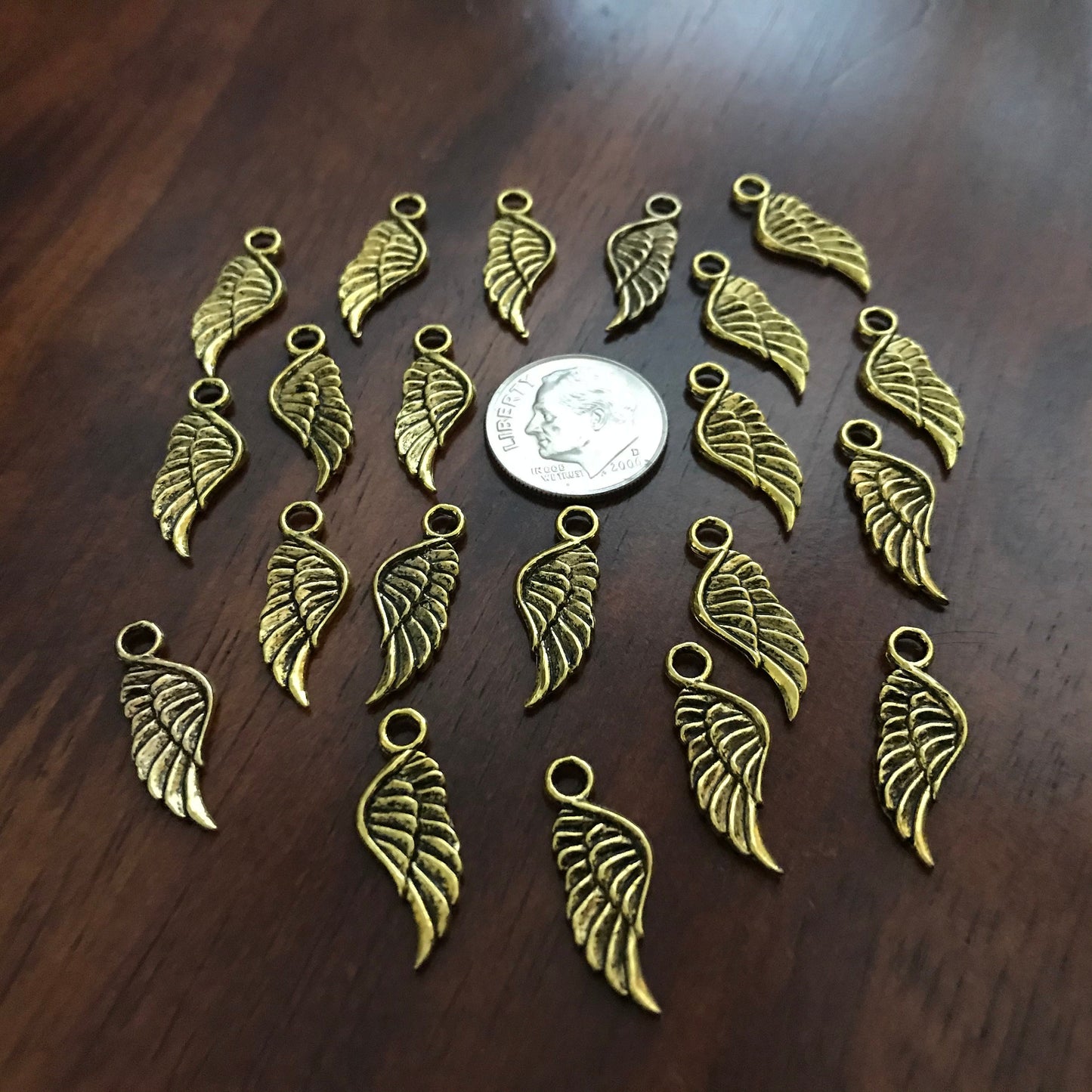 50 Feather Charms, Angel Wing Charms, Antique Gold Wings, Double Sided Feather Charms, Gold Feather Charms, Findings