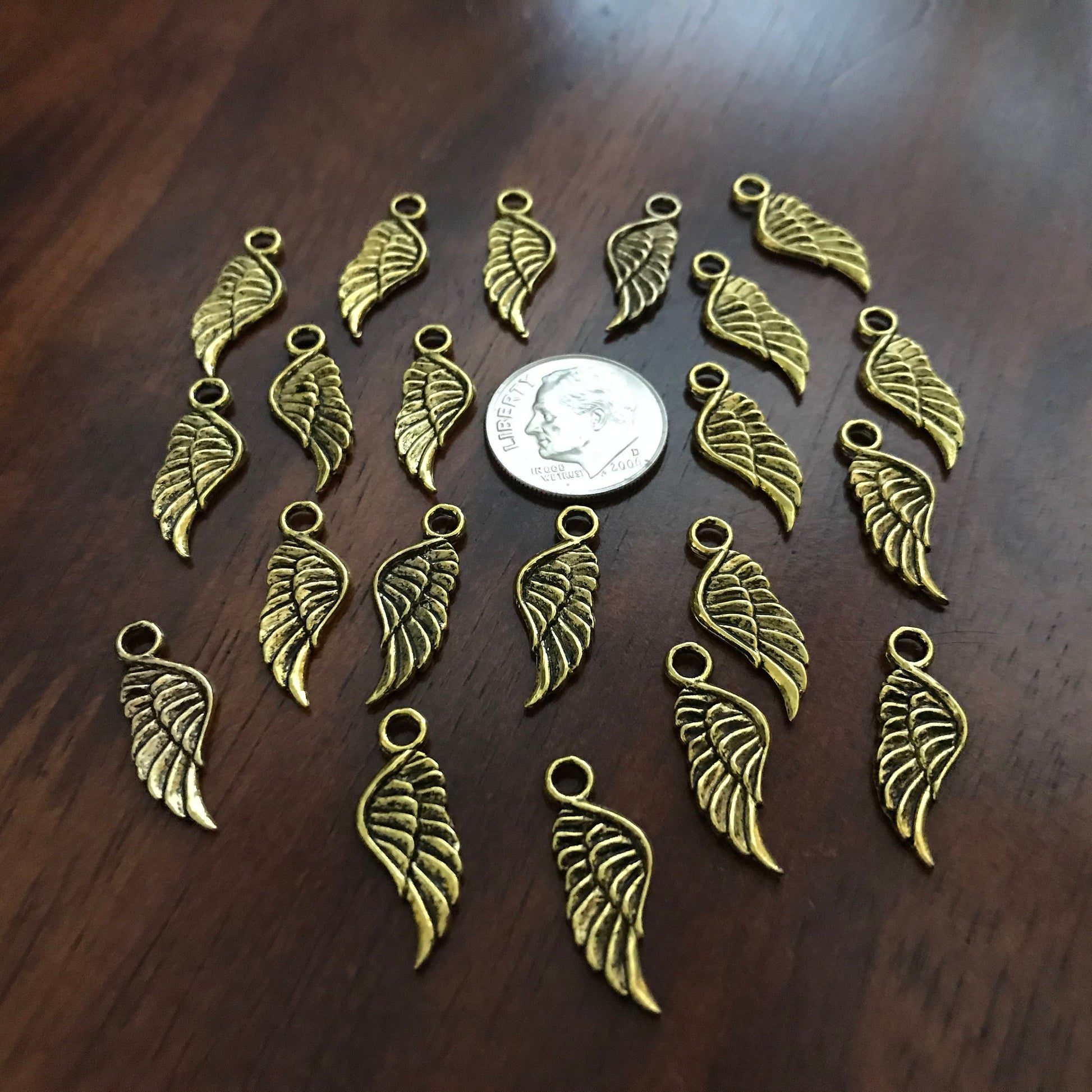 50 Feather Charms, Angel Wing Charms, Antique Gold Wings, Double Sided Feather Charms, Gold Feather Charms, Findings