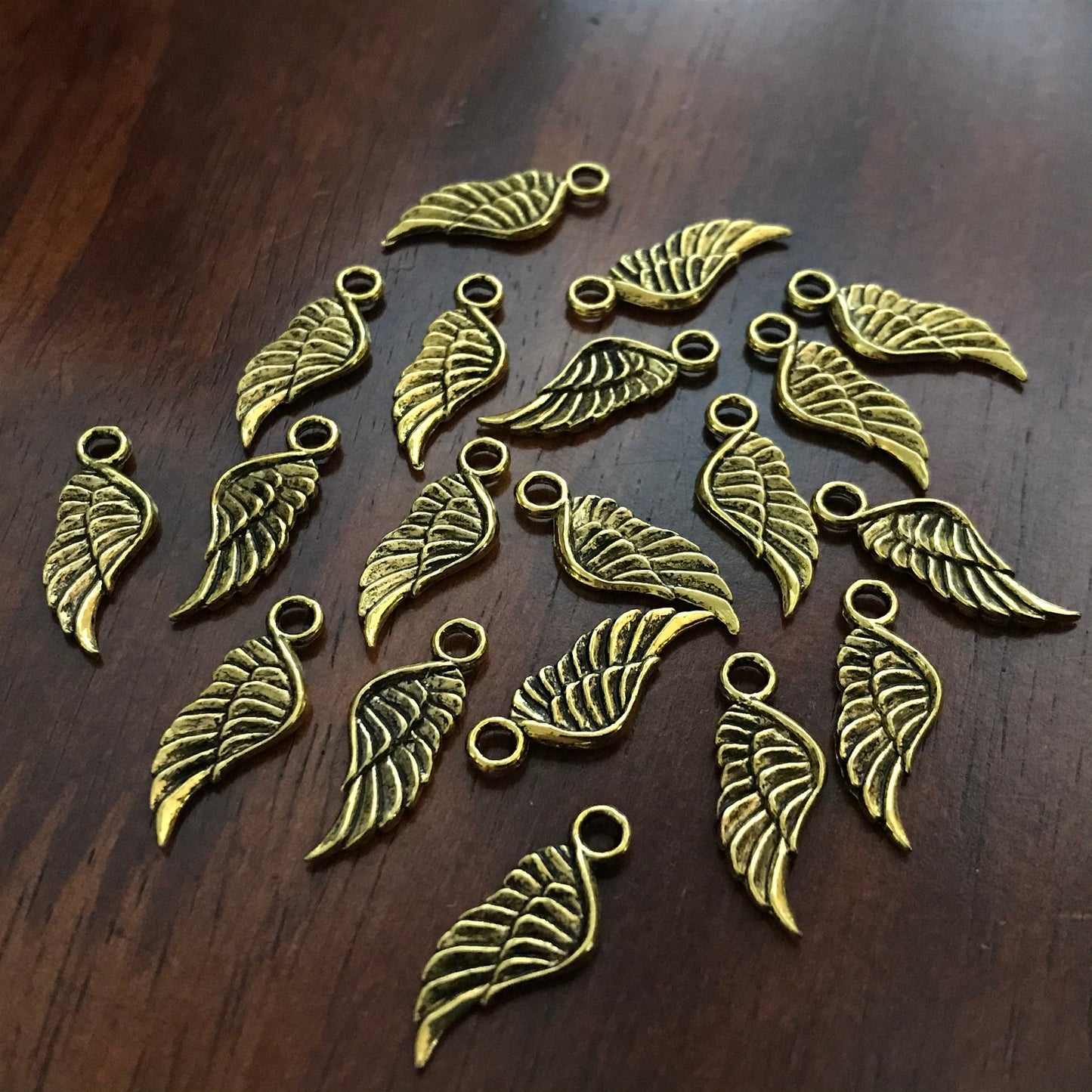 50 Feather Charms, Angel Wing Charms, Antique Gold Wings, Double Sided Feather Charms, Gold Feather Charms, Findings