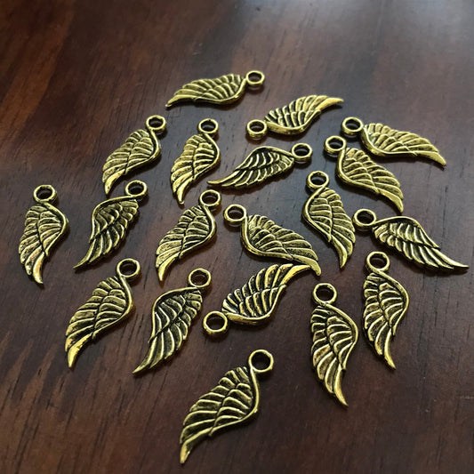 50 Feather Charms, Angel Wing Charms, Antique Gold Wings, Double Sided Feather Charms, Gold Feather Charms, Findings