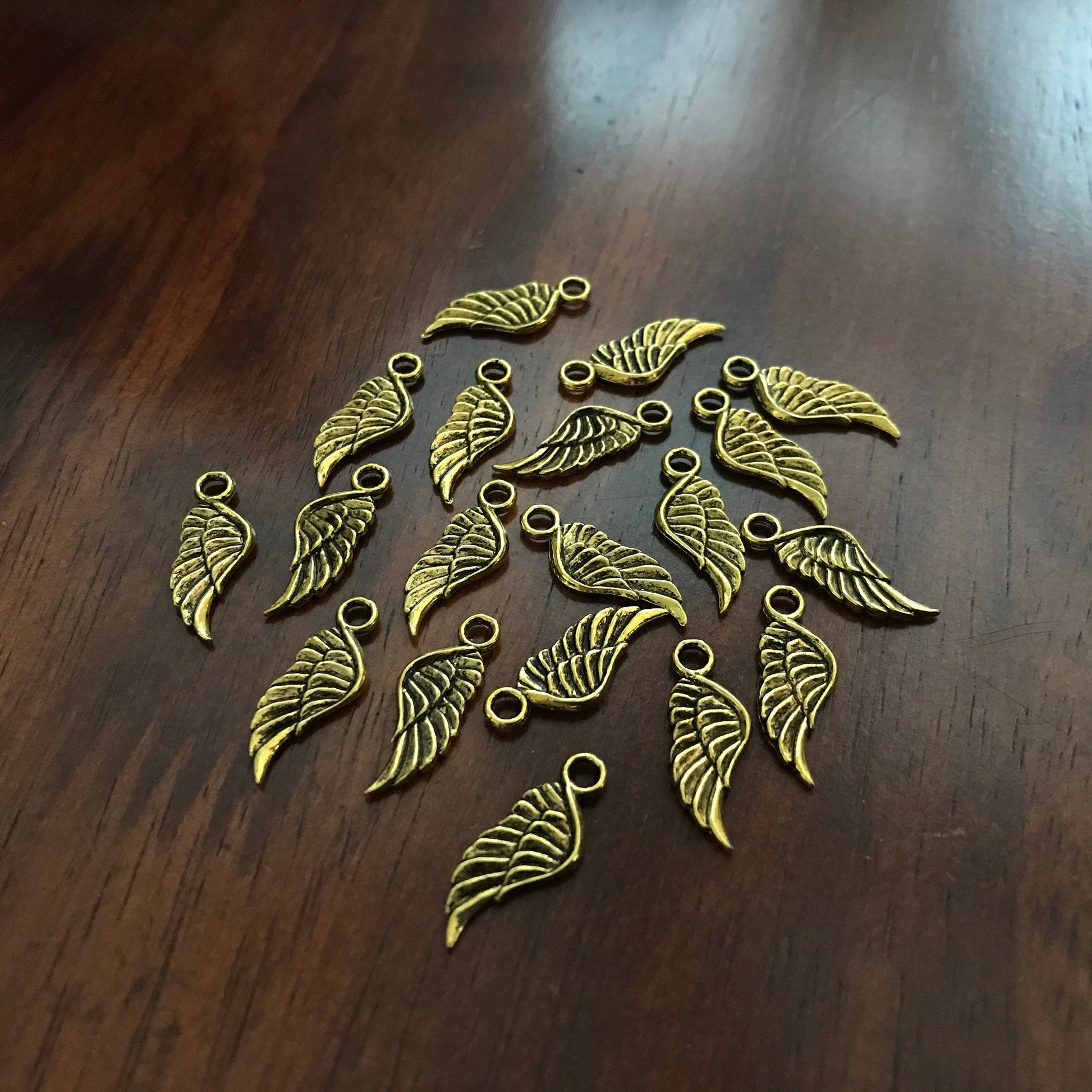 50 Feather Charms, Angel Wing Charms, Antique Gold Wings, Double Sided Feather Charms, Gold Feather Charms, Findings