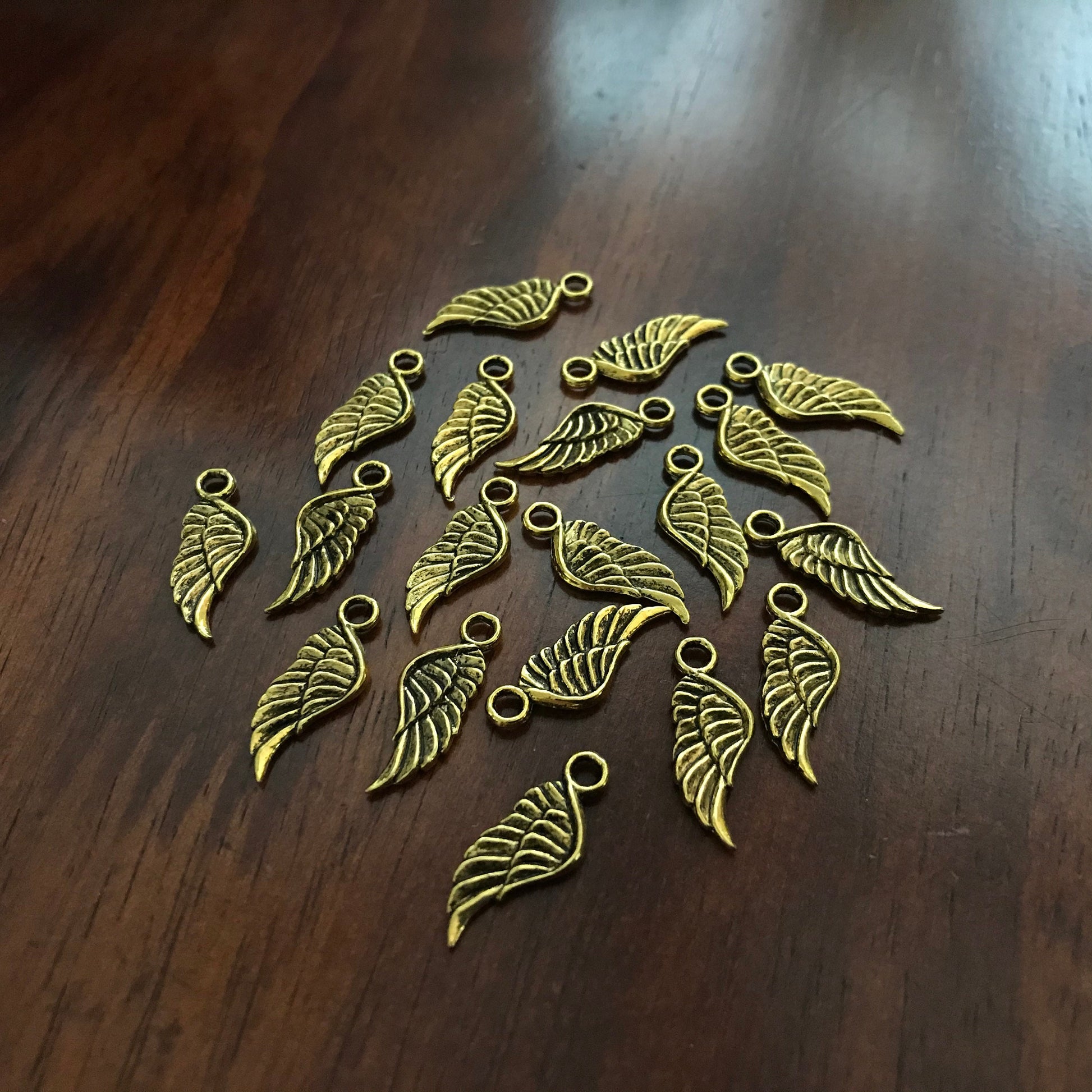 50 Feather Charms, Angel Wing Charms, Antique Gold Wings, Double Sided Feather Charms, Gold Feather Charms, Findings