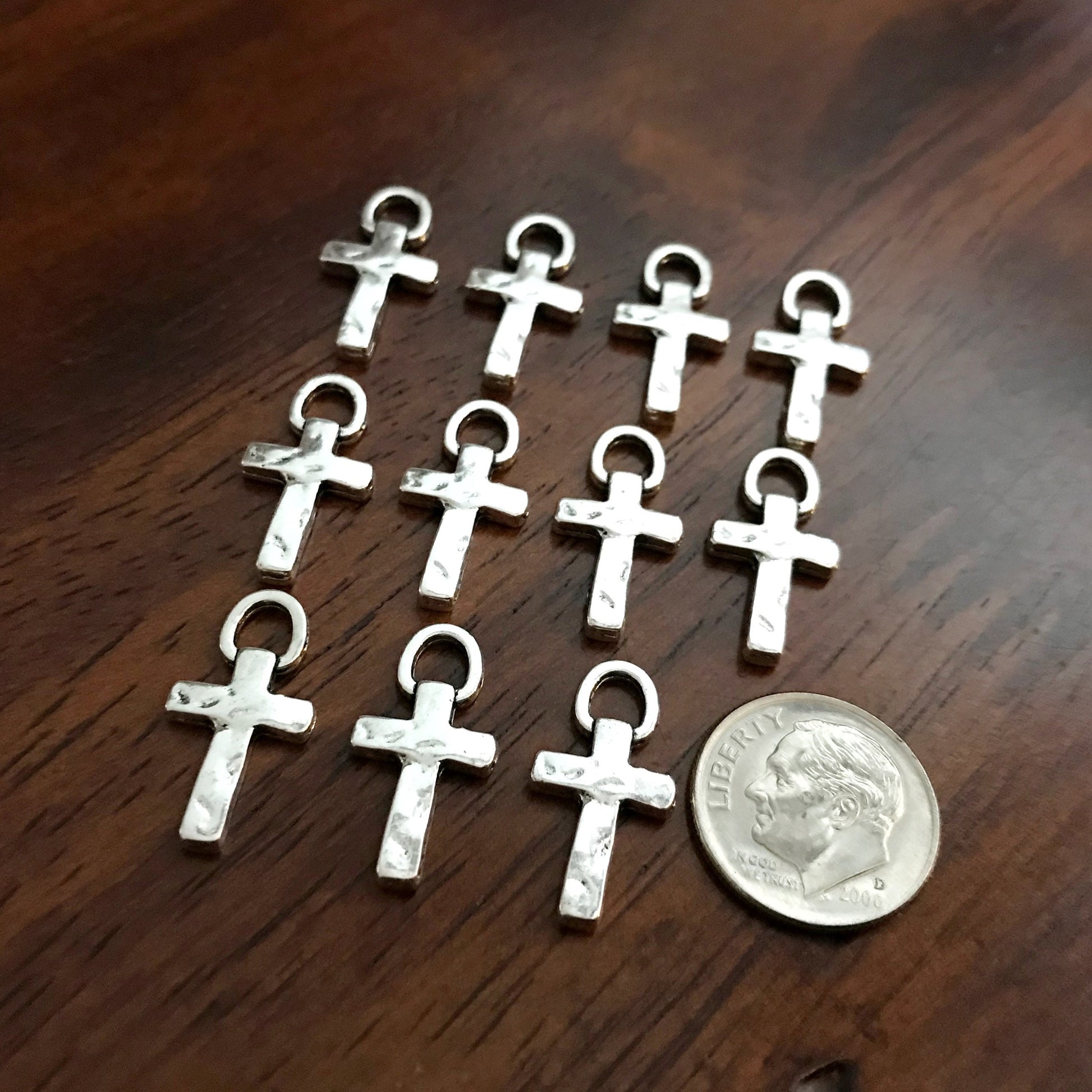 40pcs, Silver Cross Charms, Hammered Cross Charms, Hammered Cross Pendants, Fancy Cross Charms, Double Sided Cross Charms, Findings