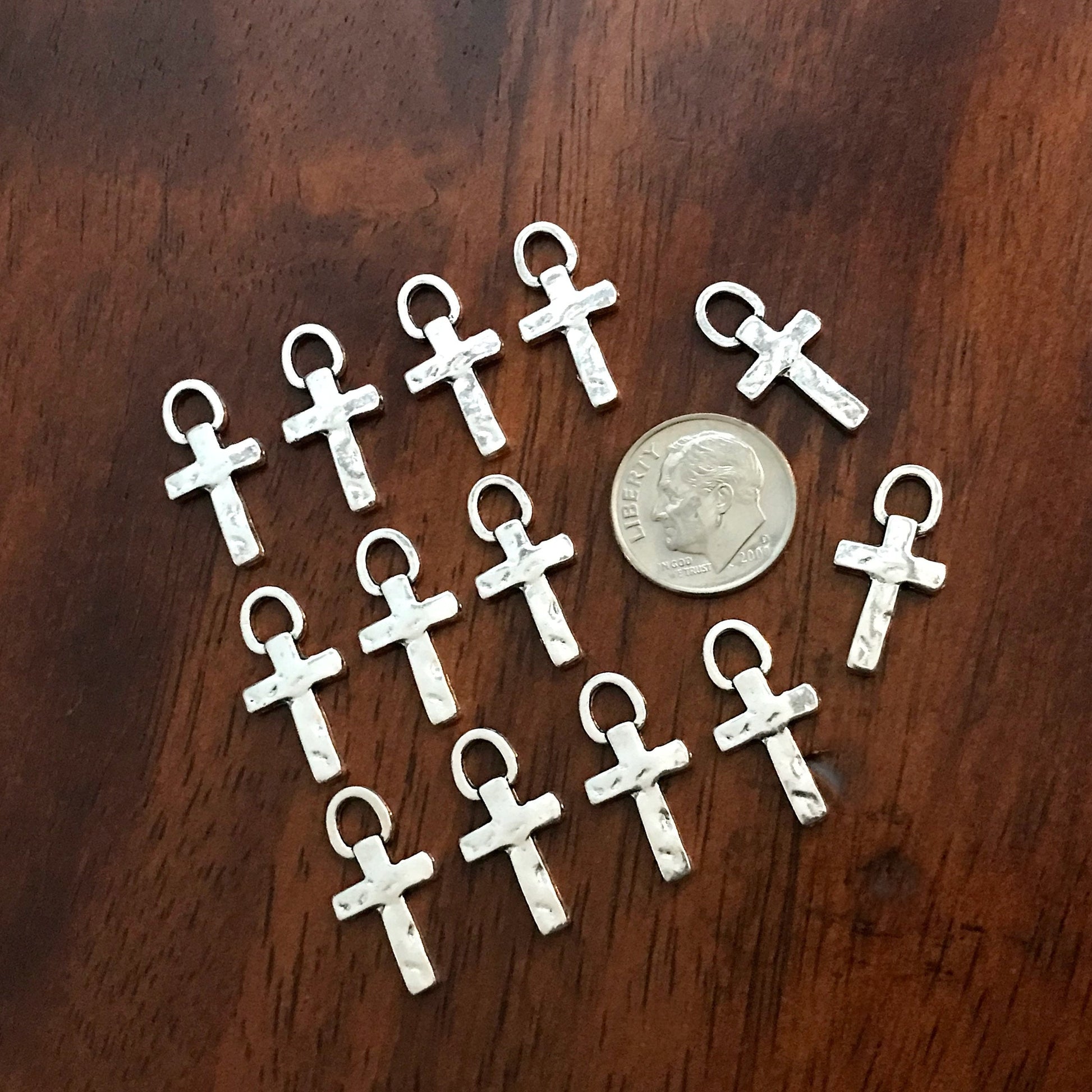 40pcs, Silver Cross Charms, Hammered Cross Charms, Hammered Cross Pendants, Fancy Cross Charms, Double Sided Cross Charms, Findings