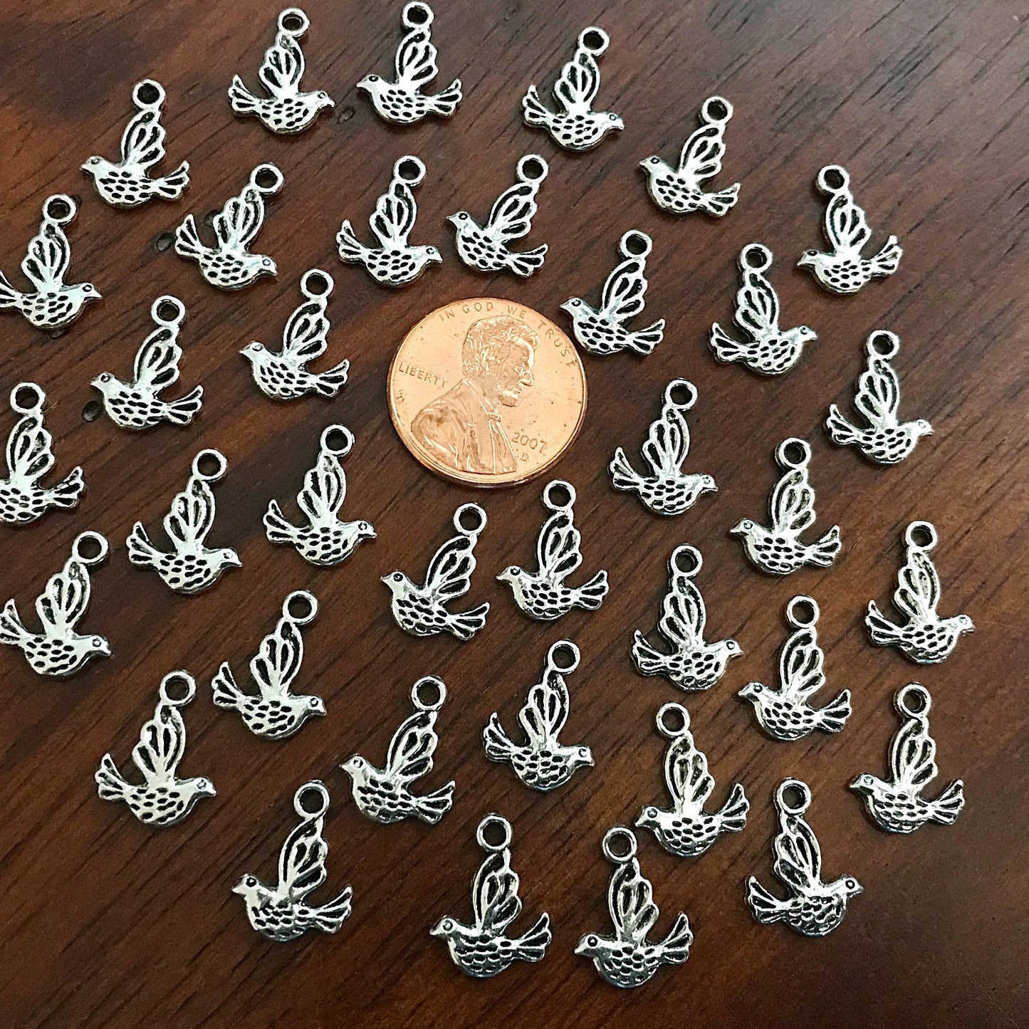 40 Dove Charms, Dove with Olive Branch Charms, Bird Charms, 2-Sided Dove Charms, Dove of Peace Charms, Antique Silver Dove, Charms, Findings