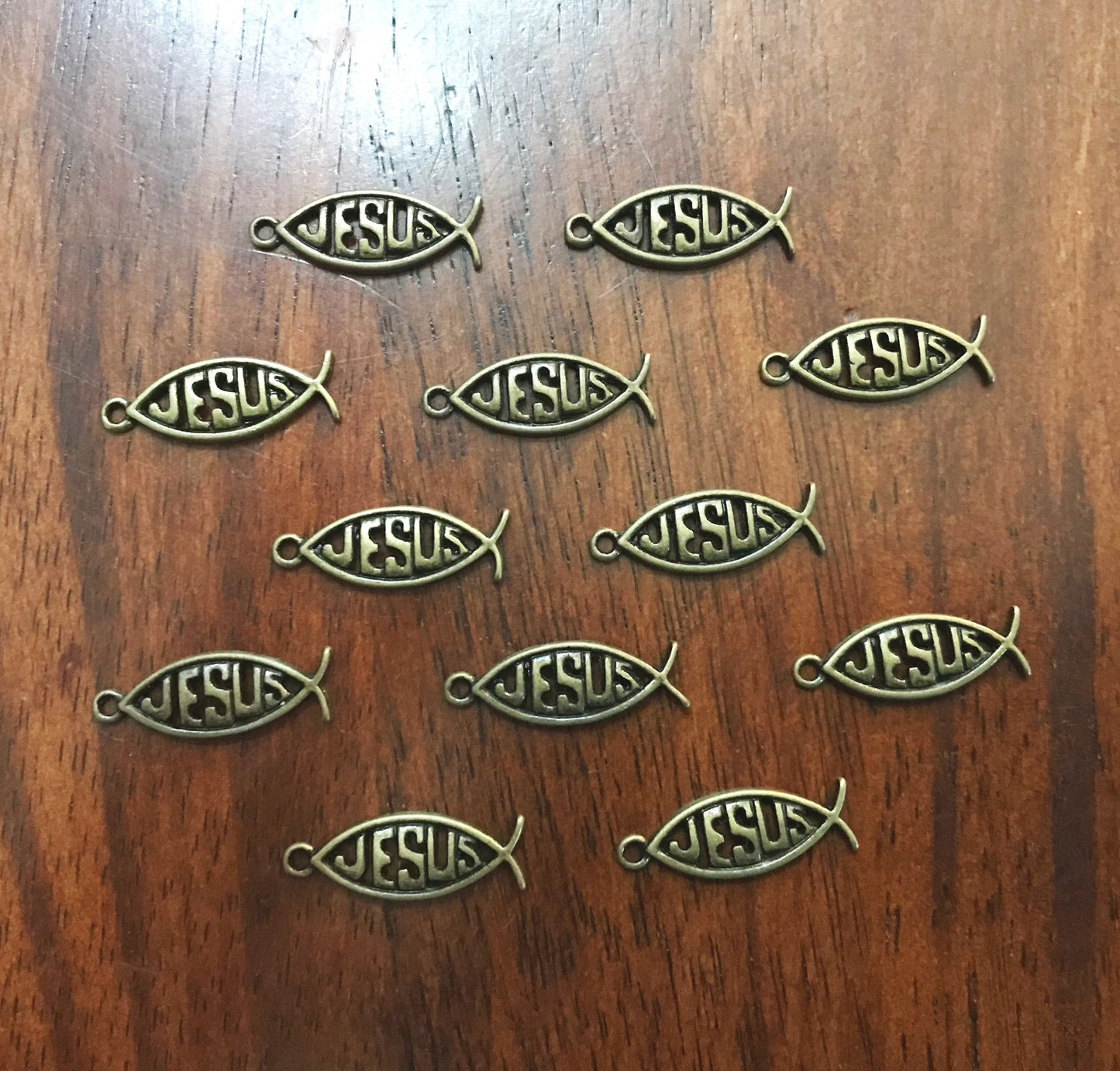 12 Jesus Charms, Antique Bronze Fish Charms, Christian Charms, Finding, Bronze Pendants, Craft Supplies, Jewelry Making Supplies