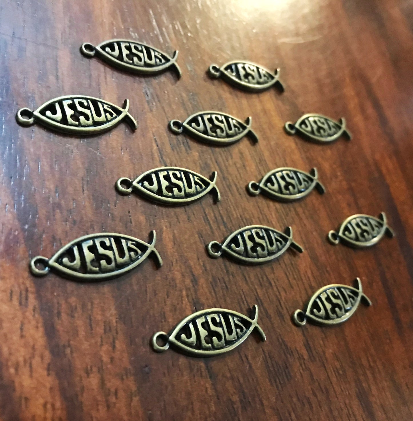 12 Jesus Charms, Antique Bronze Fish Charms, Christian Charms, Finding, Bronze Pendants, Craft Supplies, Jewelry Making Supplies