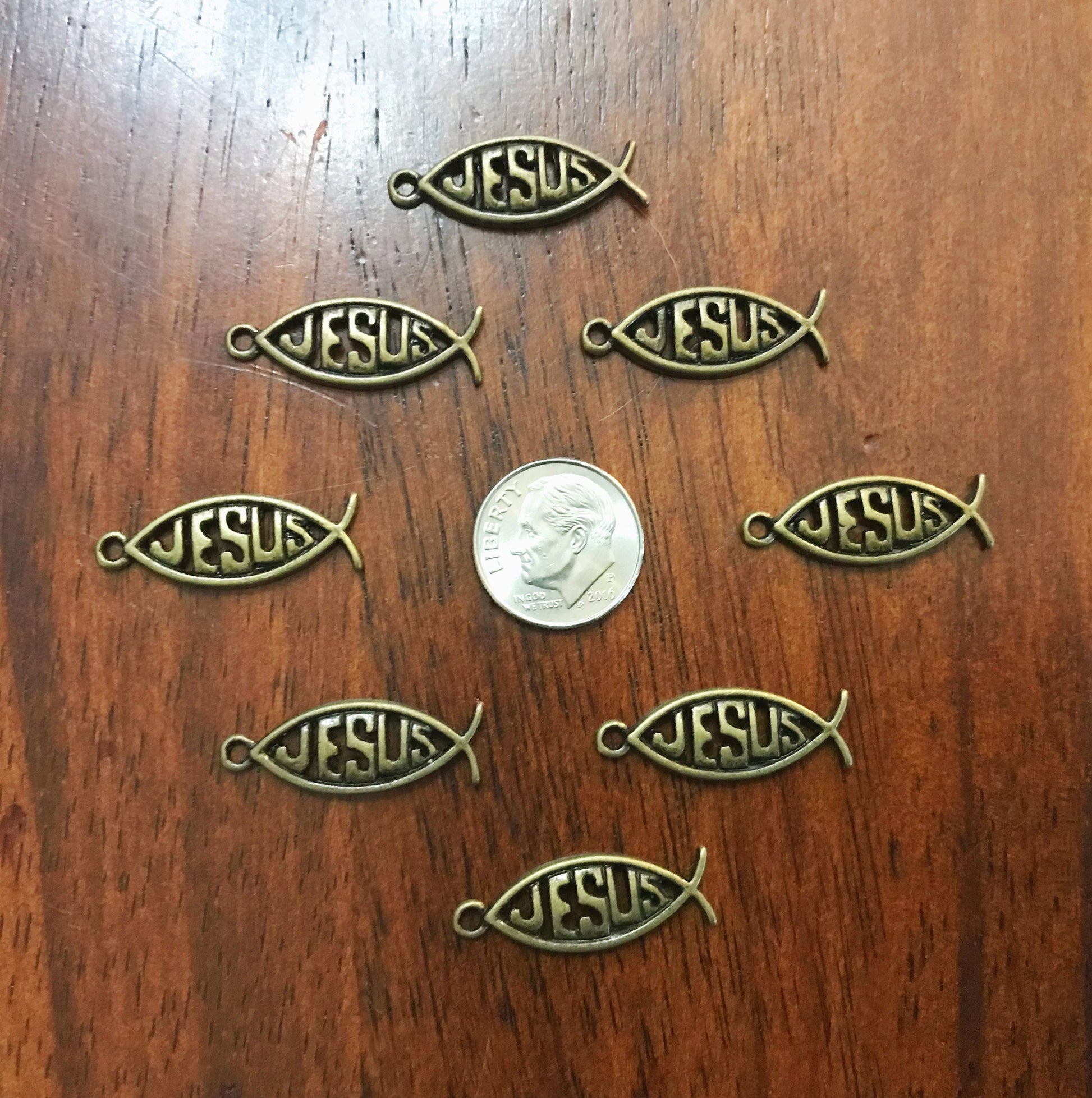 12 Jesus Charms, Antique Bronze Fish Charms, Christian Charms, Finding, Bronze Pendants, Craft Supplies, Jewelry Making Supplies