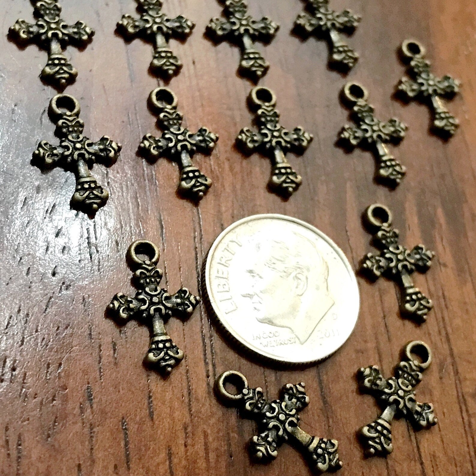 50pcs, Bronze Cross Charms, Bronze Cross Tiny Cross Charms, Fancy Cross Charms, Double Sided Cross Charms, Jewelry Supplies, Findings
