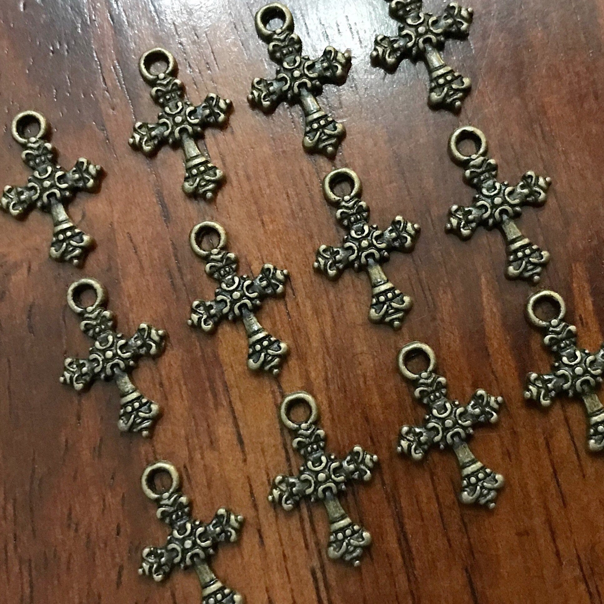 50pcs, Bronze Cross Charms, Bronze Cross Tiny Cross Charms, Fancy Cross Charms, Double Sided Cross Charms, Jewelry Supplies, Findings