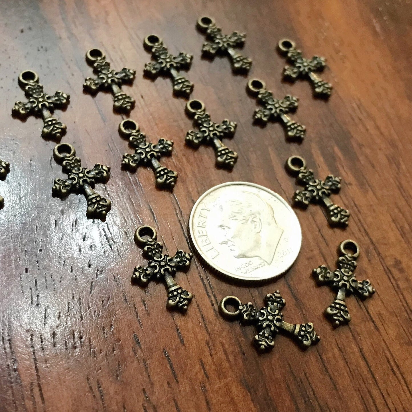 50pcs, Bronze Cross Charms, Bronze Cross Tiny Cross Charms, Fancy Cross Charms, Double Sided Cross Charms, Jewelry Supplies, Findings